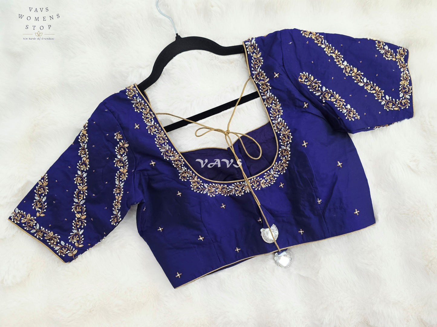 Royal Sapphire Blue Hand-Embroidered Maggam Work Stitched Blouse Size 36-42