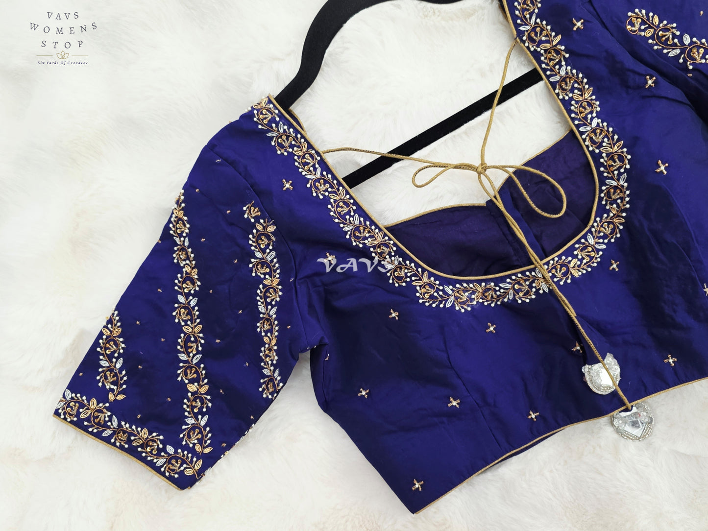 Royal Sapphire Blue Hand-Embroidered Maggam Work Stitched Blouse Size 36-42