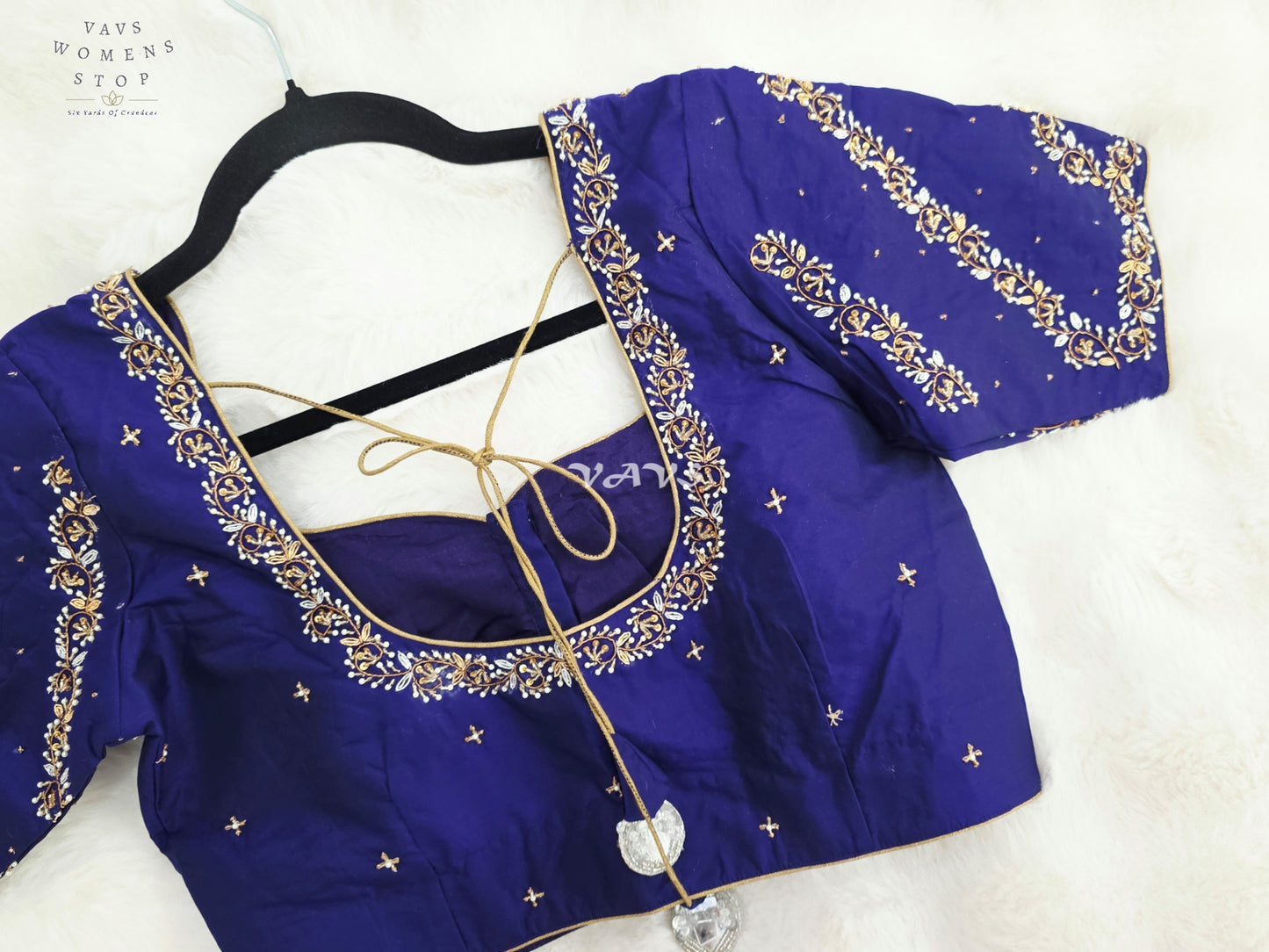 Royal Sapphire Blue Hand-Embroidered Maggam Work Stitched Blouse Size 36-42