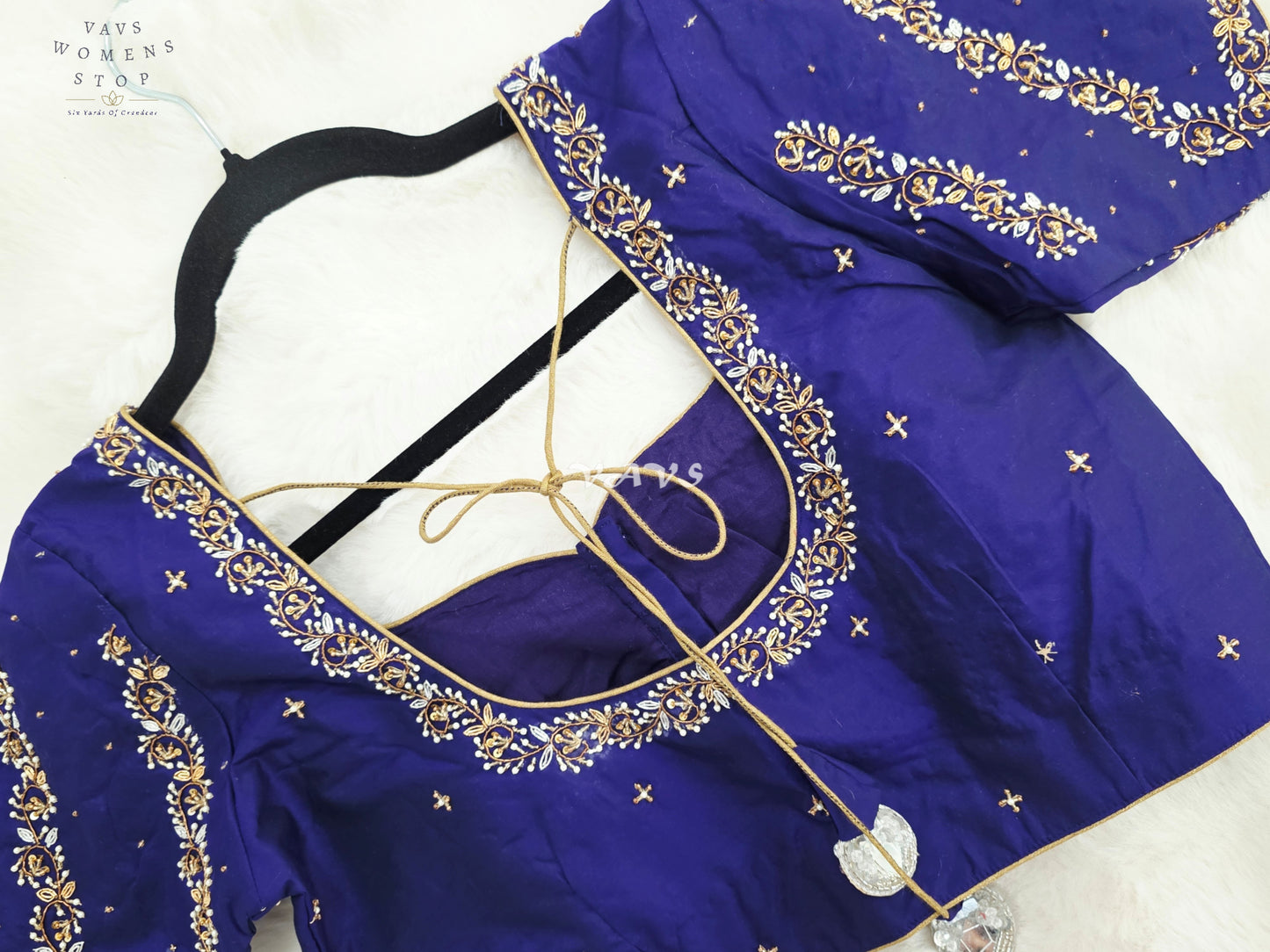 Royal Sapphire Blue Hand-Embroidered Maggam Work Stitched Blouse Size 36-42