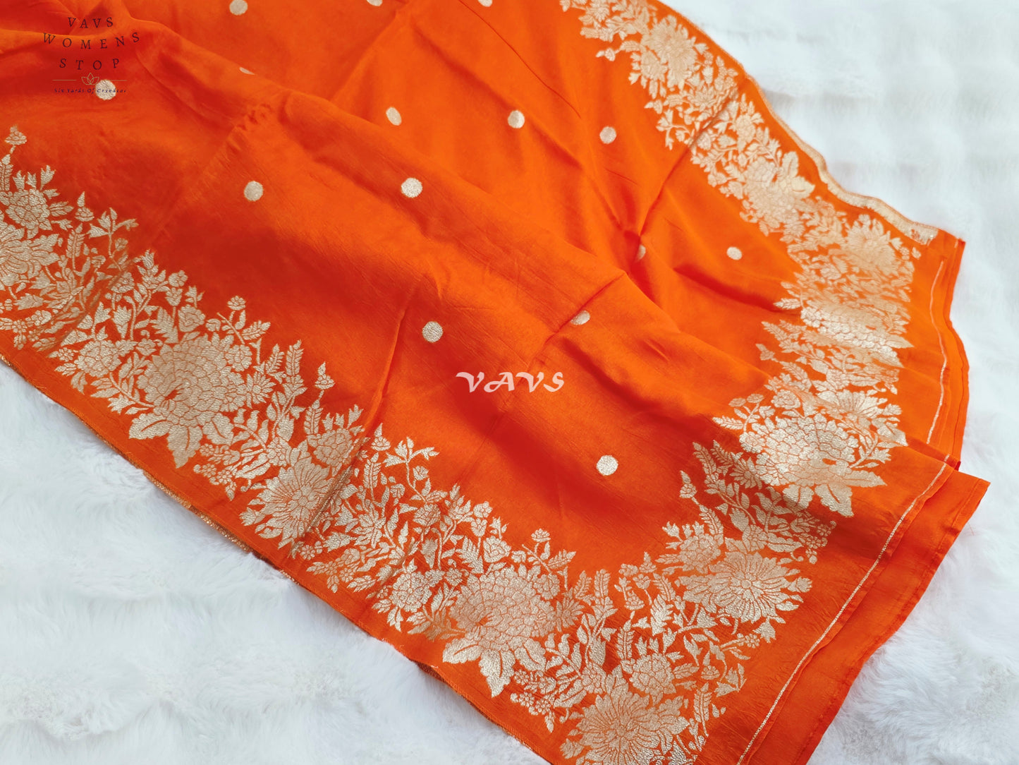 Radiant Vermilion Orange Munga Benarasi Silk Floral Zari Dupatta