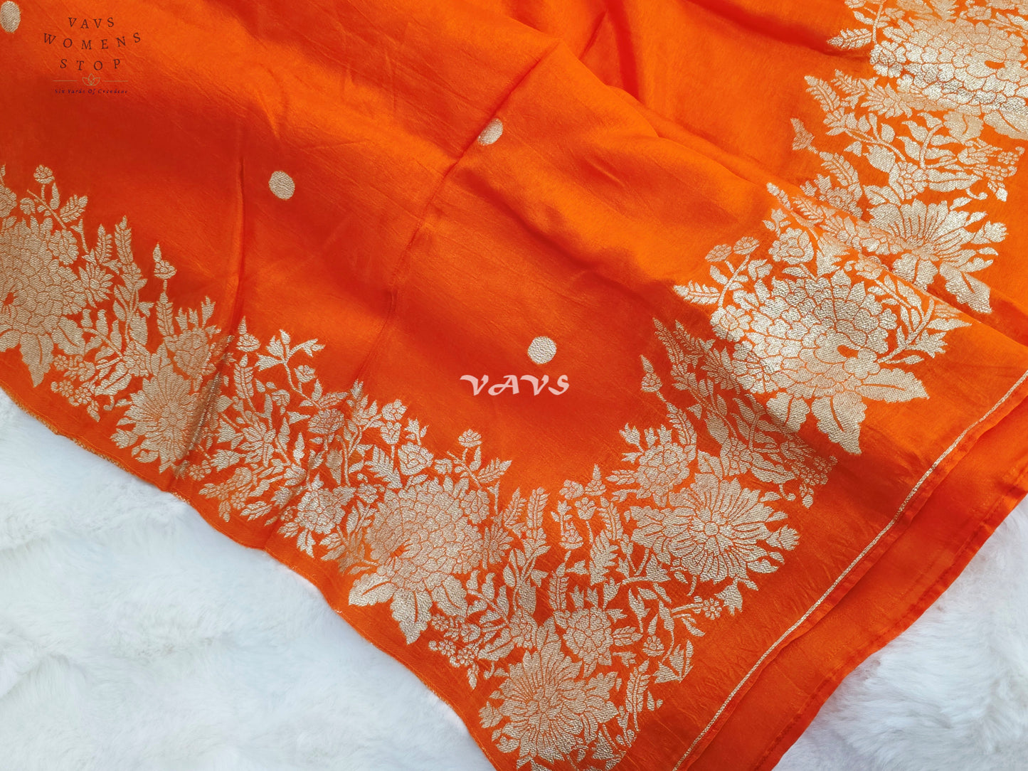 Radiant Vermilion Orange Munga Benarasi Silk Floral Zari Dupatta
