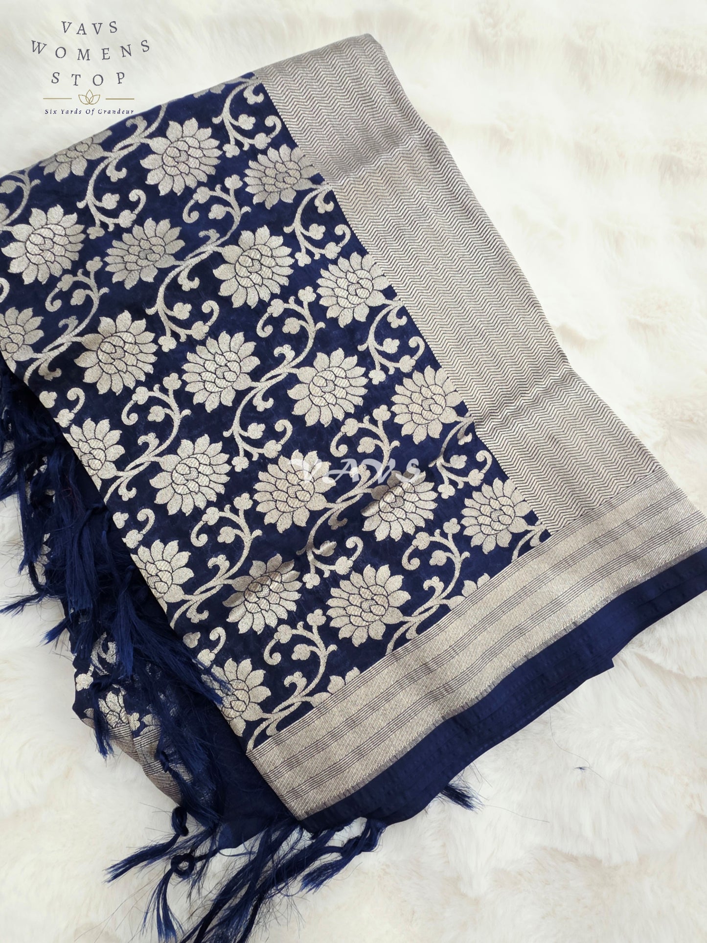 Regal Midnight Navy Blue & Antique Gold Benarasi Silk Dupatta | Floral Zari Weave 2.5 Meter Designer Dupatta