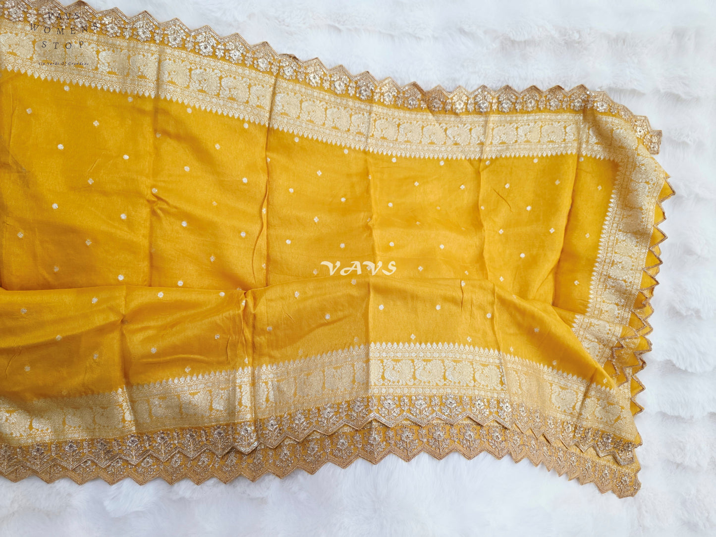 Regal Marigold Gold Munga Benarasi Cutwork Embroidered Border Dupatta