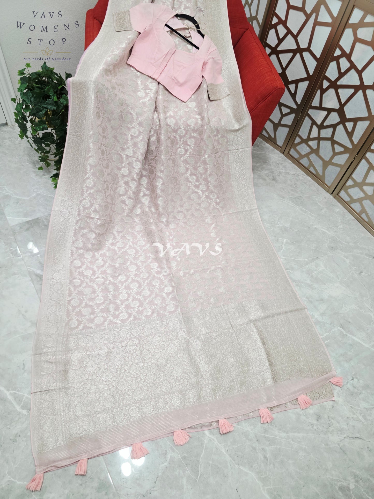 Blush Pink Viscose Georgette Meenakari Saree with Silver-Toned Borders & Stitched Blouse Size 34, Extendable to 40