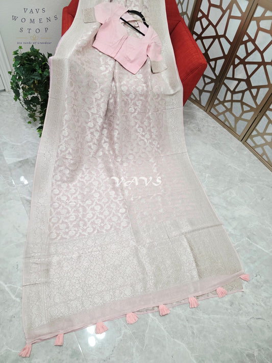 Blush Pink Viscose Georgette Meenakari Saree with Silver-Toned Borders & Stitched Blouse Size 34, Extendable to 40