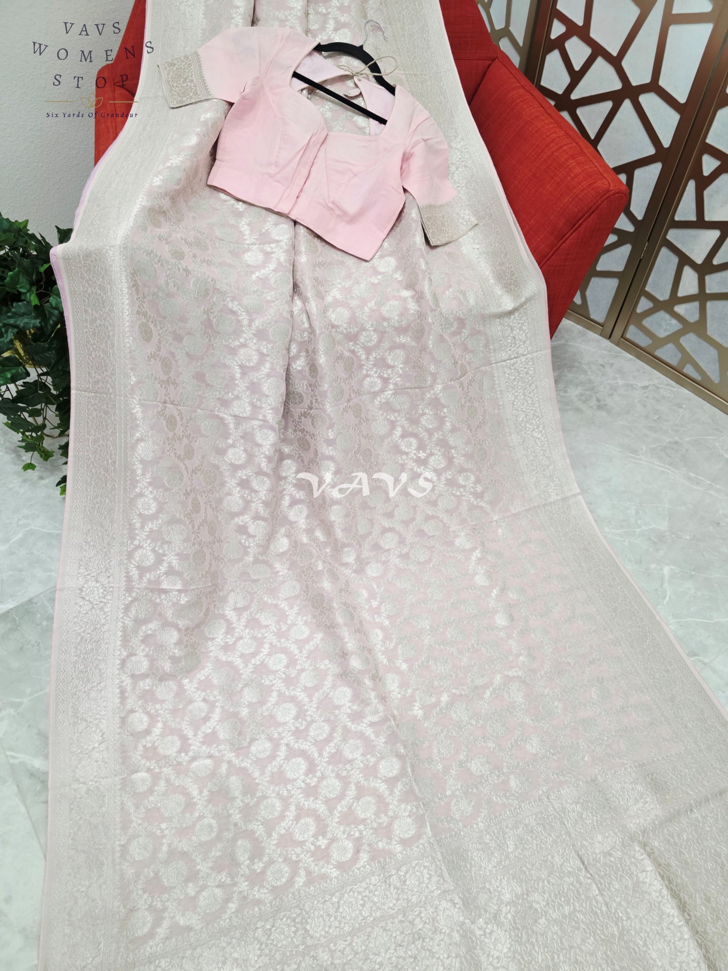 Blush Pink Viscose Georgette Meenakari Saree with Silver-Toned Borders & Stitched Blouse Size 34, Extendable to 40