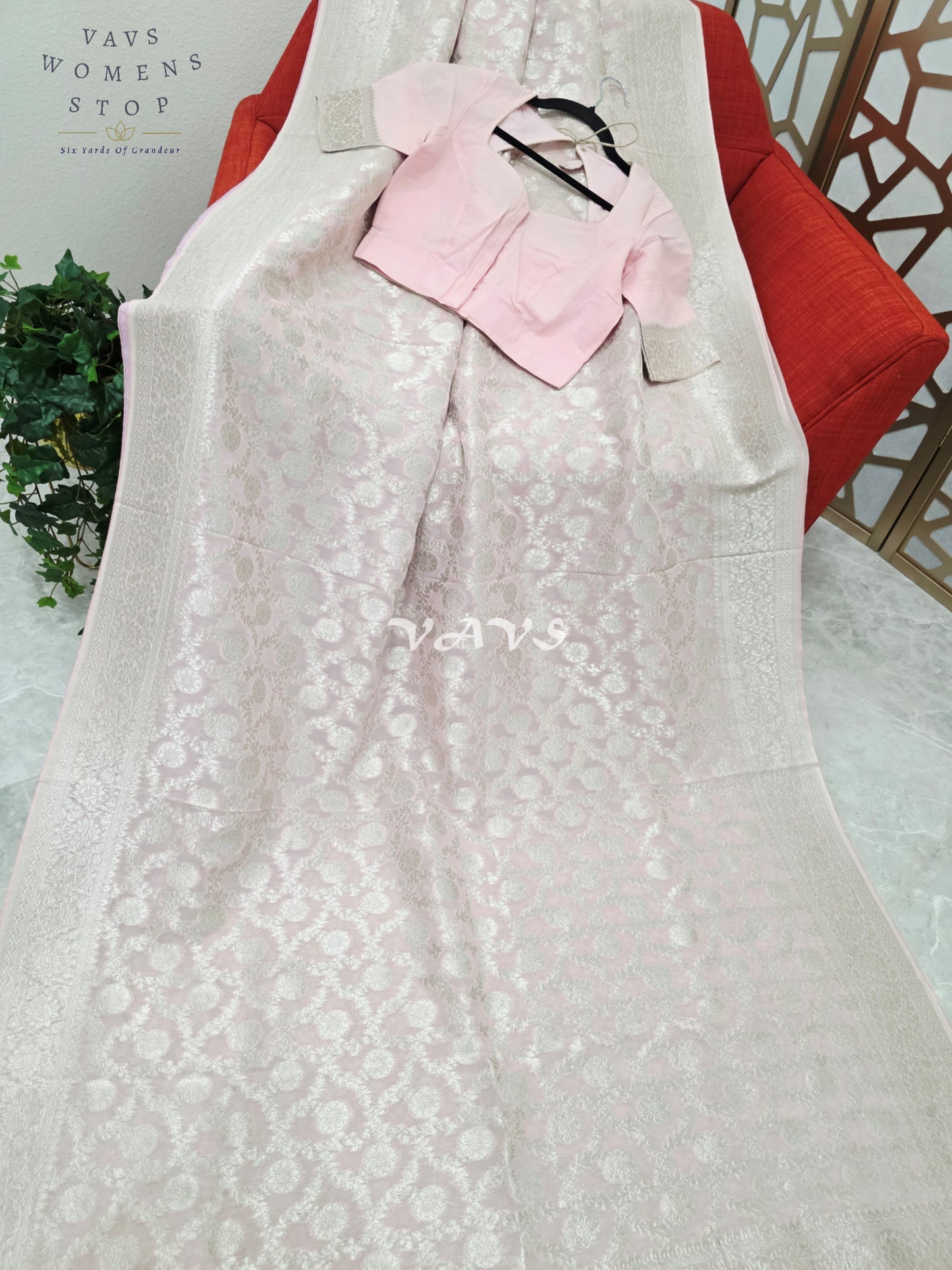 Blush Pink Viscose Georgette Meenakari Saree with Silver-Toned Borders & Stitched Blouse Size 34, Extendable to 40