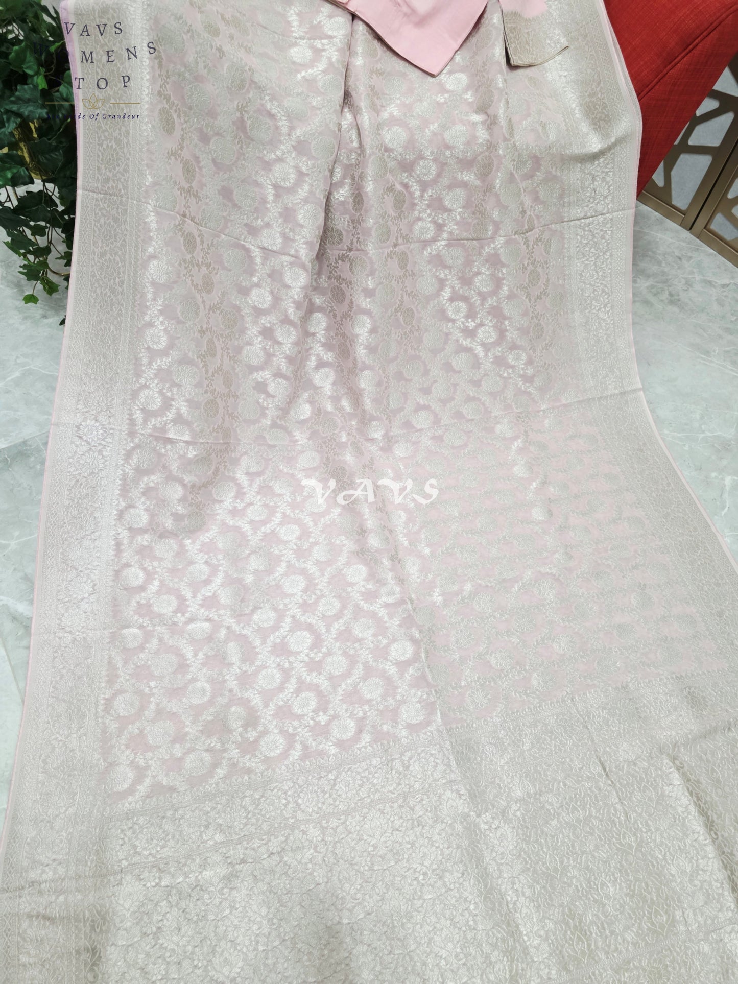 Blush Pink Viscose Georgette Meenakari Saree with Silver-Toned Borders & Stitched Blouse Size 34, Extendable to 40