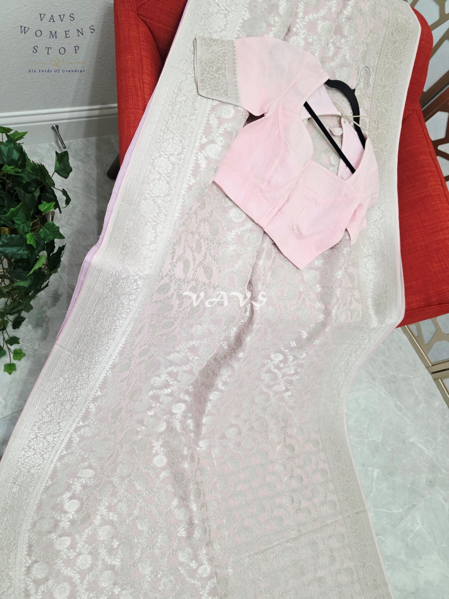 Blush Pink Viscose Georgette Meenakari Saree with Silver-Toned Borders & Stitched Blouse Size 34, Extendable to 40