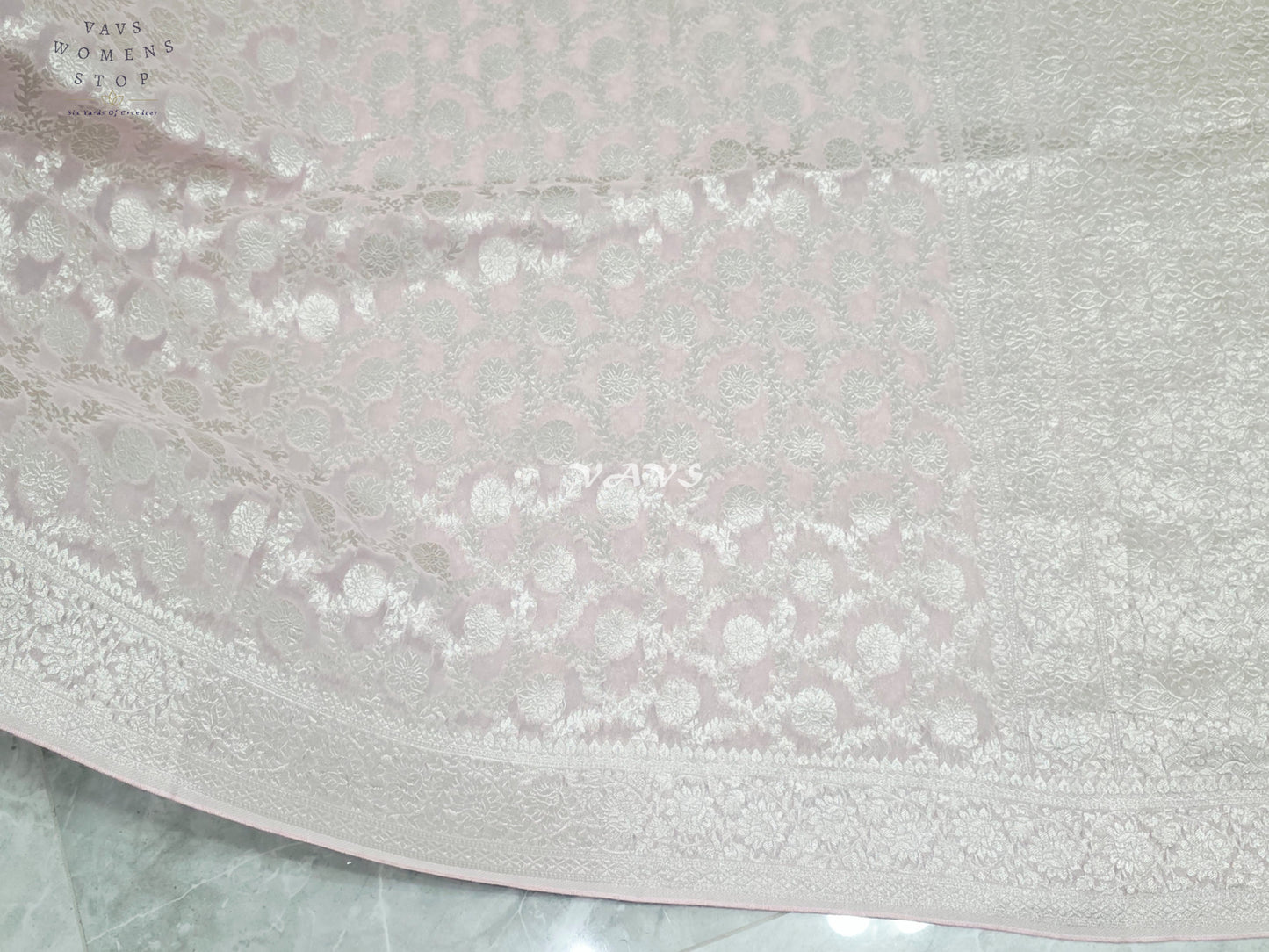Blush Pink Viscose Georgette Meenakari Saree with Silver-Toned Borders & Stitched Blouse Size 34, Extendable to 40