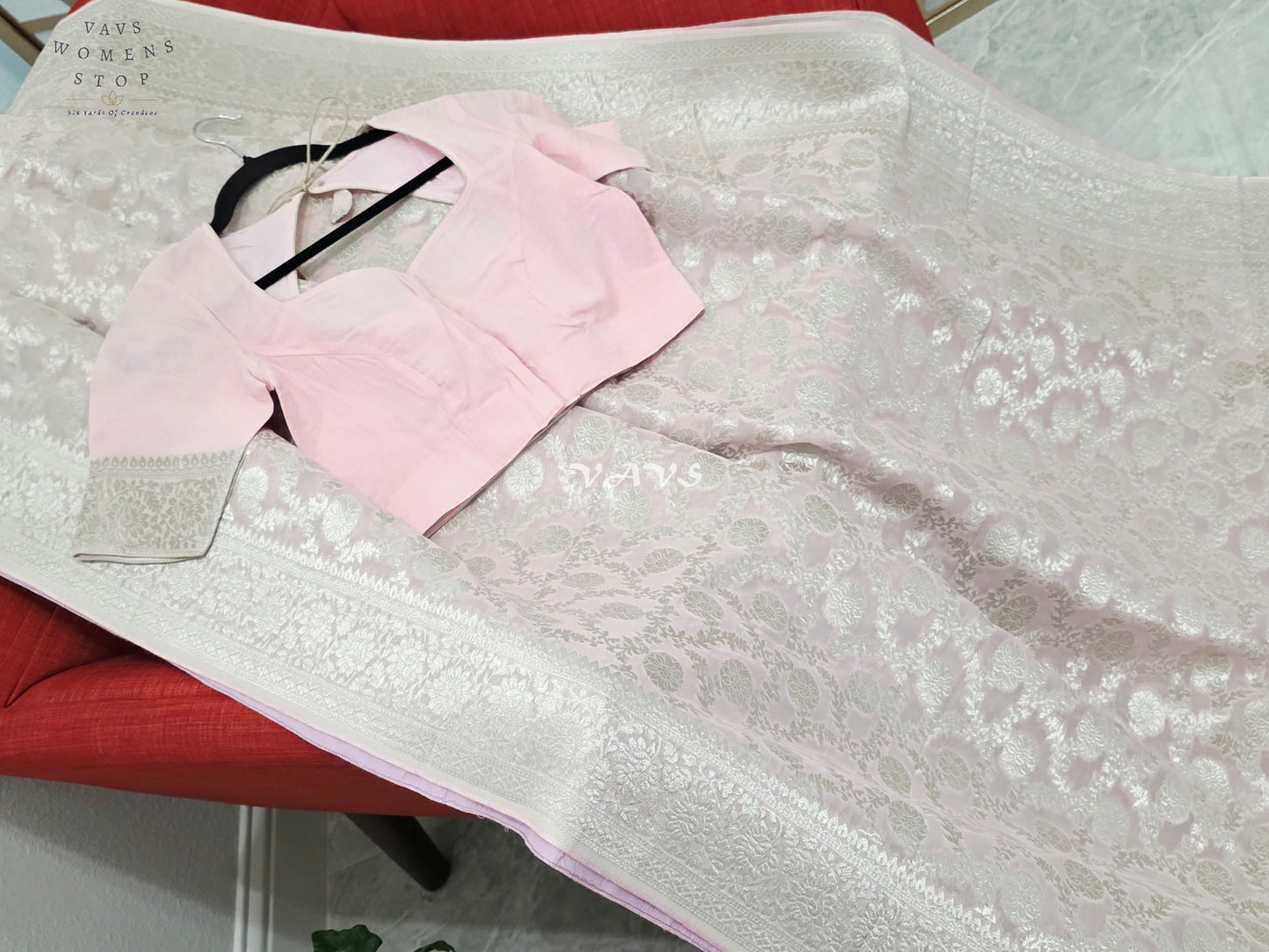 Blush Pink Viscose Georgette Meenakari Saree with Silver-Toned Borders & Stitched Blouse Size 34, Extendable to 40