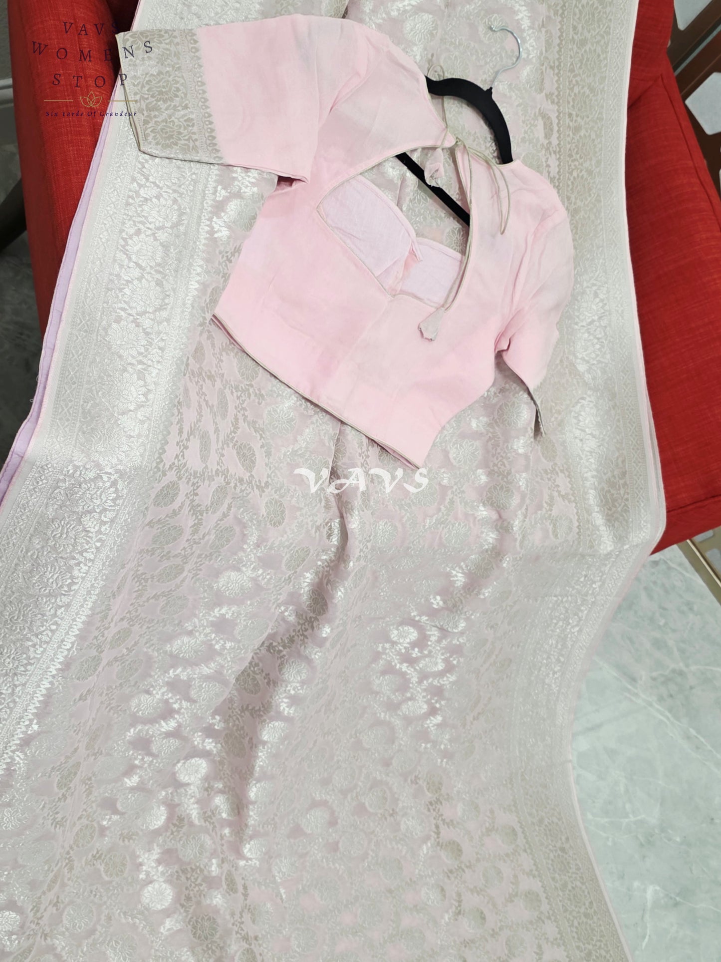 Blush Pink Viscose Georgette Meenakari Saree with Silver-Toned Borders & Stitched Blouse Size 34, Extendable to 40