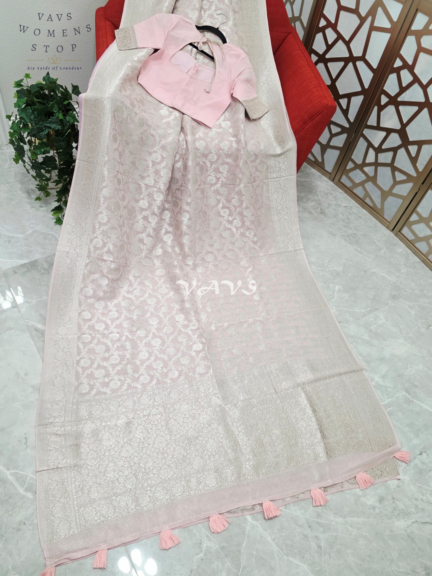 Blush Pink Viscose Georgette Meenakari Saree with Silver-Toned Borders & Stitched Blouse Size 34, Extendable to 40