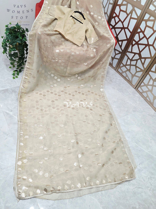 Antique Champagne Gold Premium Tissue Saree with Geometric Motifs & Stitched Blouse Size 36, Extendable to 42