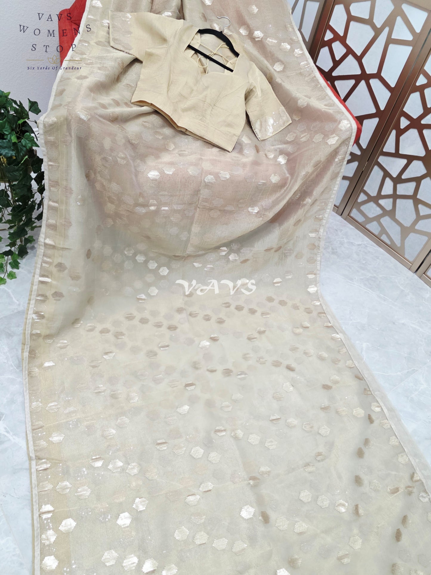 Antique Champagne Gold Premium Tissue Saree with Geometric Motifs & Stitched Blouse Size 36, Extendable to 42