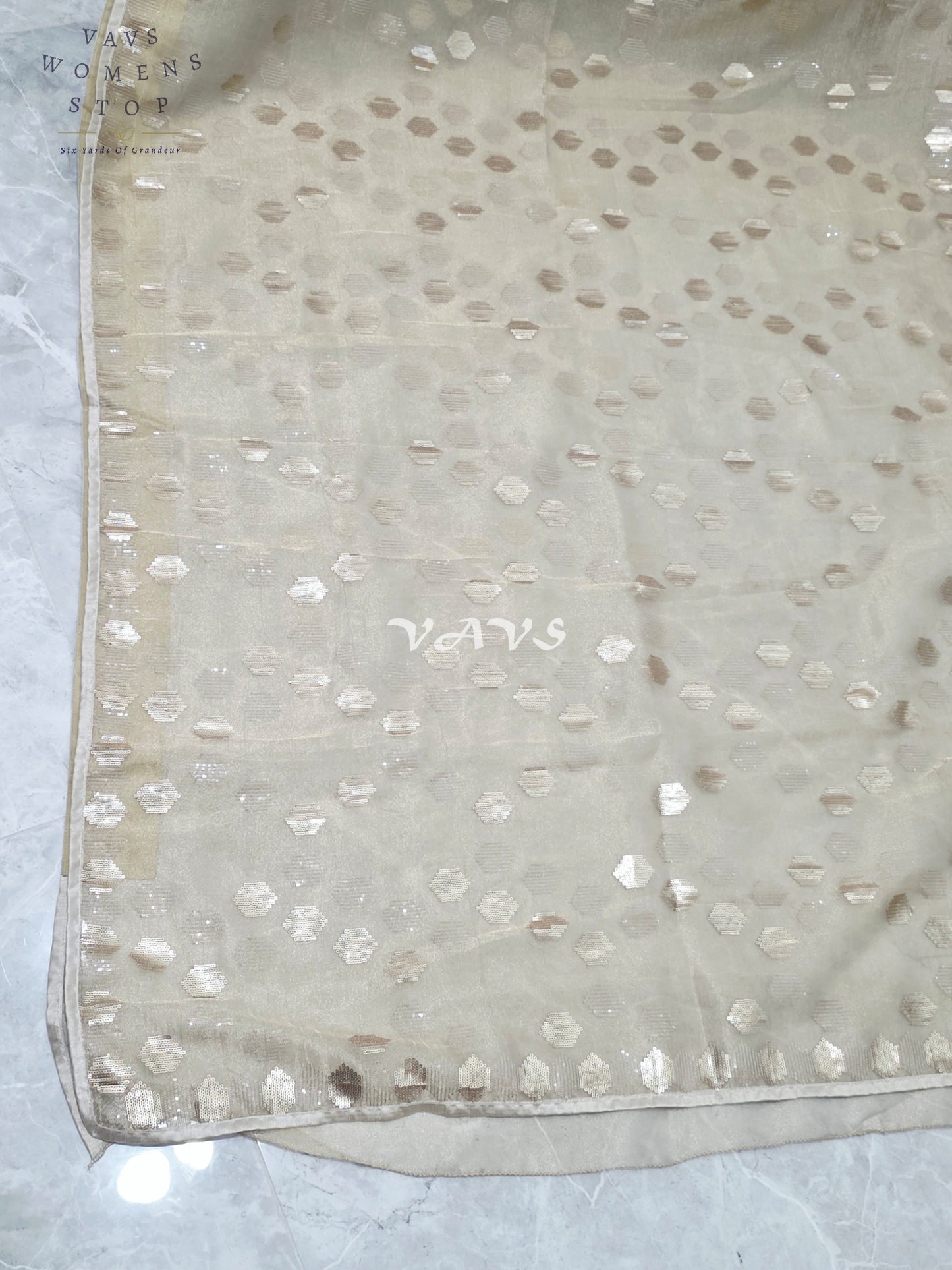 Antique Champagne Gold Premium Tissue Saree with Geometric Motifs & Stitched Blouse Size 36, Extendable to 42