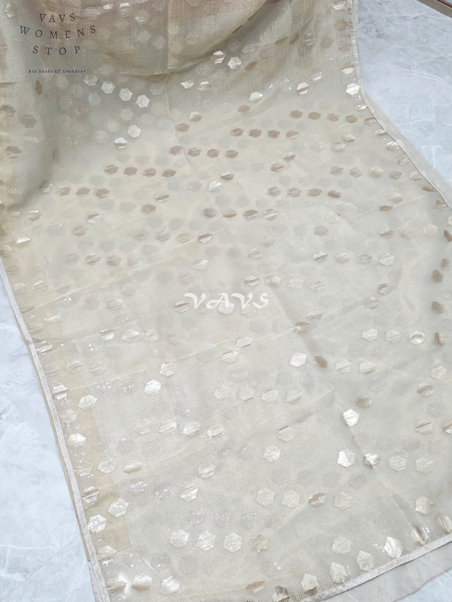 Antique Champagne Gold Premium Tissue Saree with Geometric Motifs & Stitched Blouse Size 36, Extendable to 42