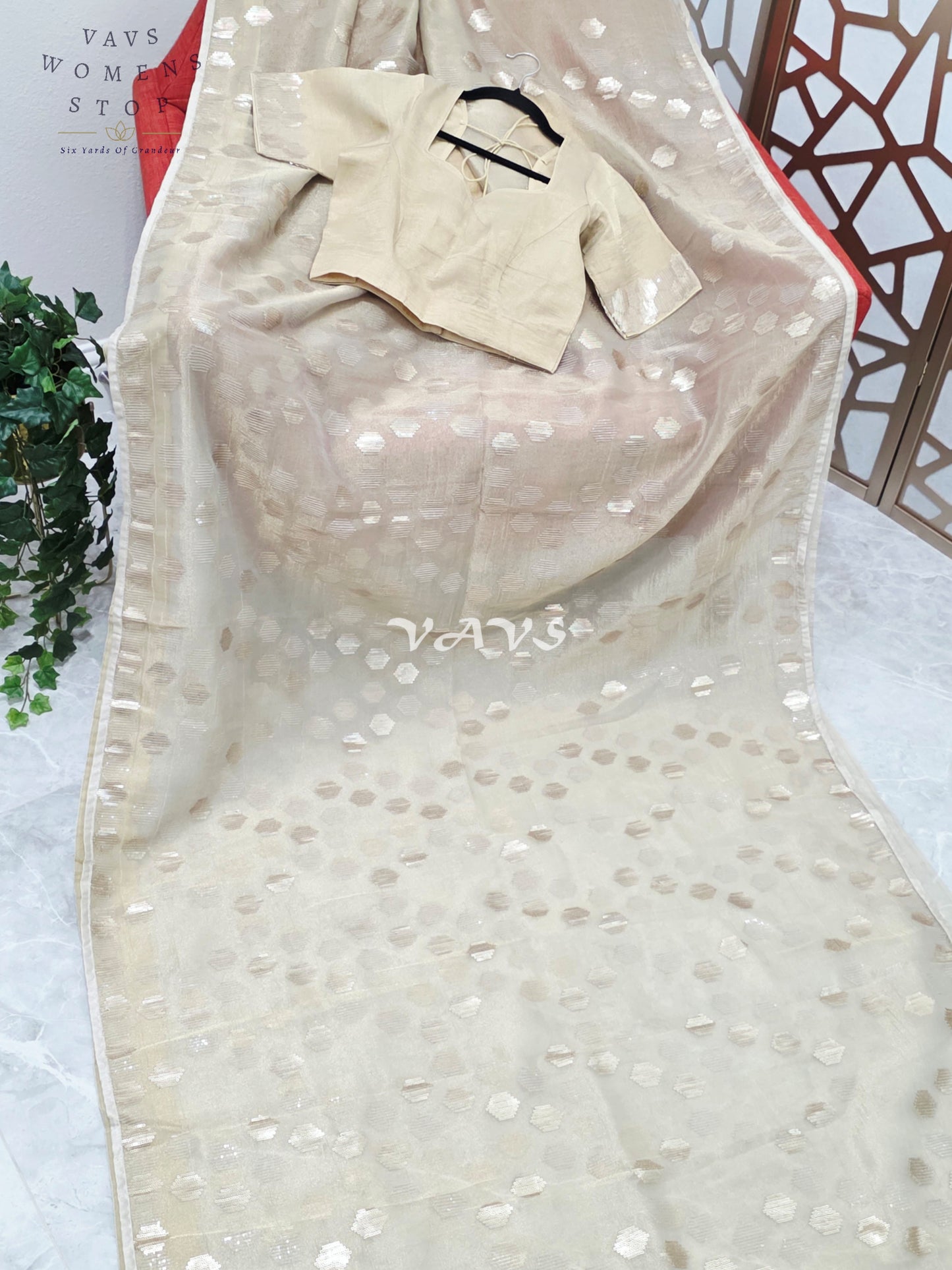 Antique Champagne Gold Premium Tissue Saree with Geometric Motifs & Stitched Blouse Size 36, Extendable to 42