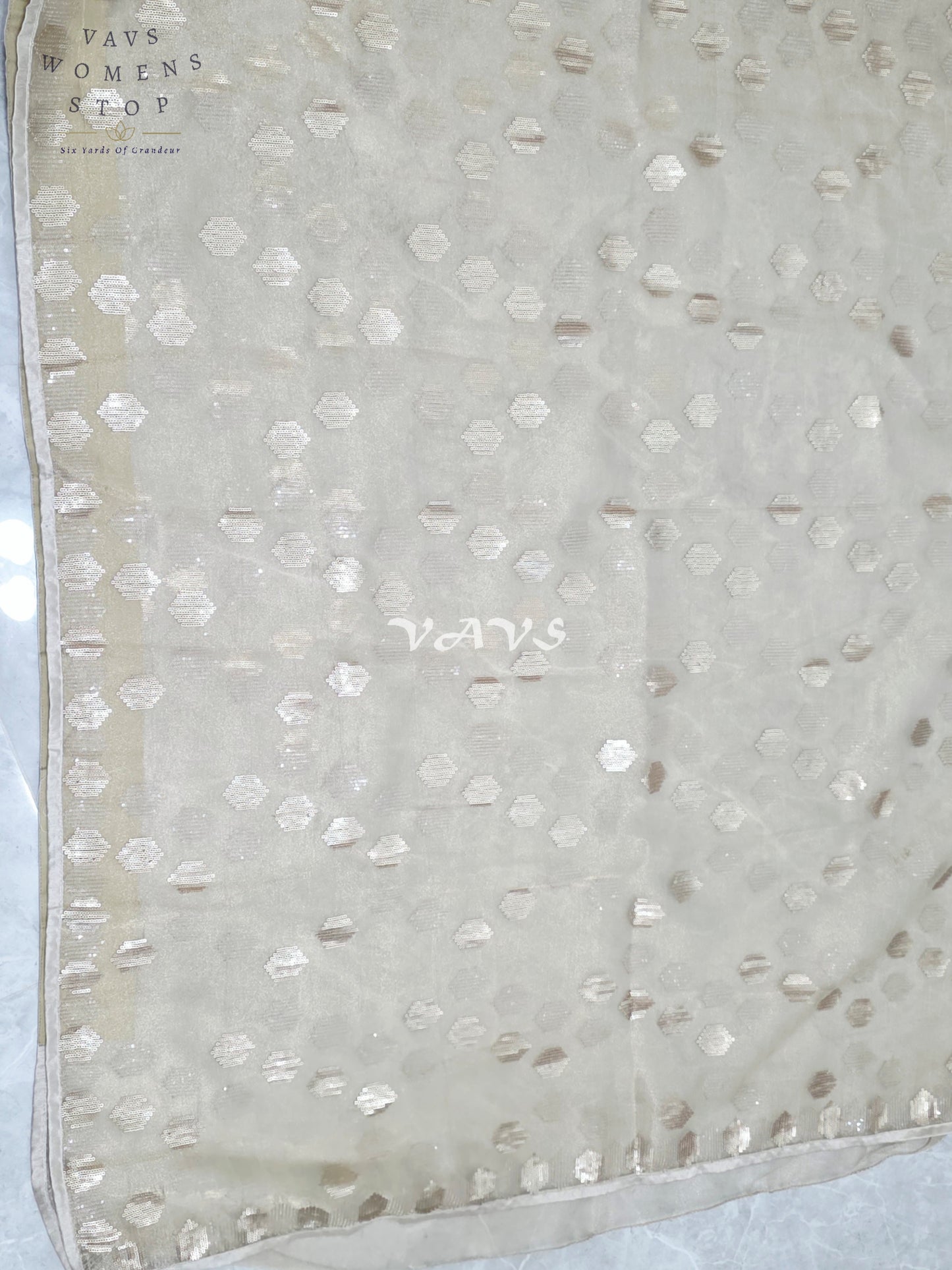 Antique Champagne Gold Premium Tissue Saree with Geometric Motifs & Stitched Blouse Size 36, Extendable to 42