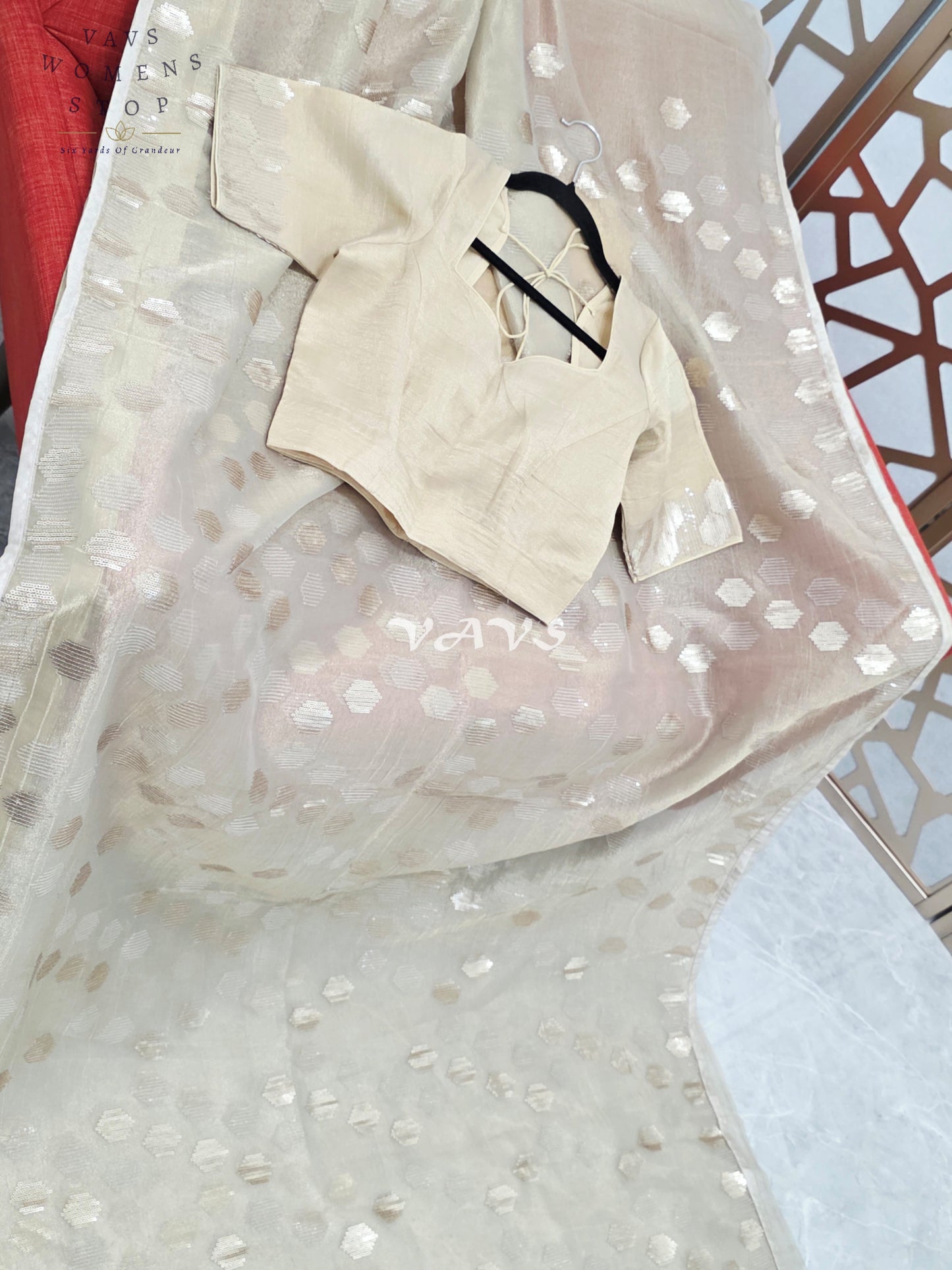 Antique Champagne Gold Premium Tissue Saree with Geometric Motifs & Stitched Blouse Size 36, Extendable to 42