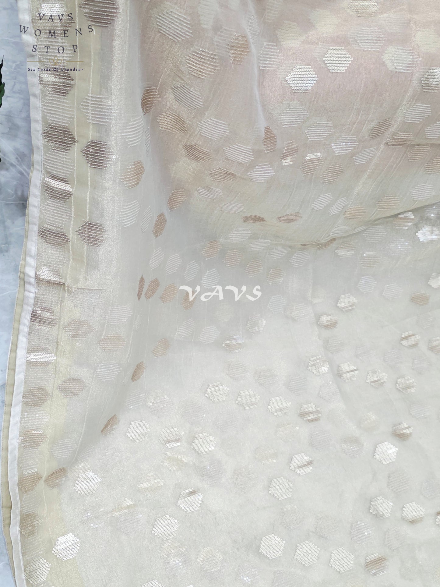 Antique Champagne Gold Premium Tissue Saree with Geometric Motifs & Stitched Blouse Size 36, Extendable to 42