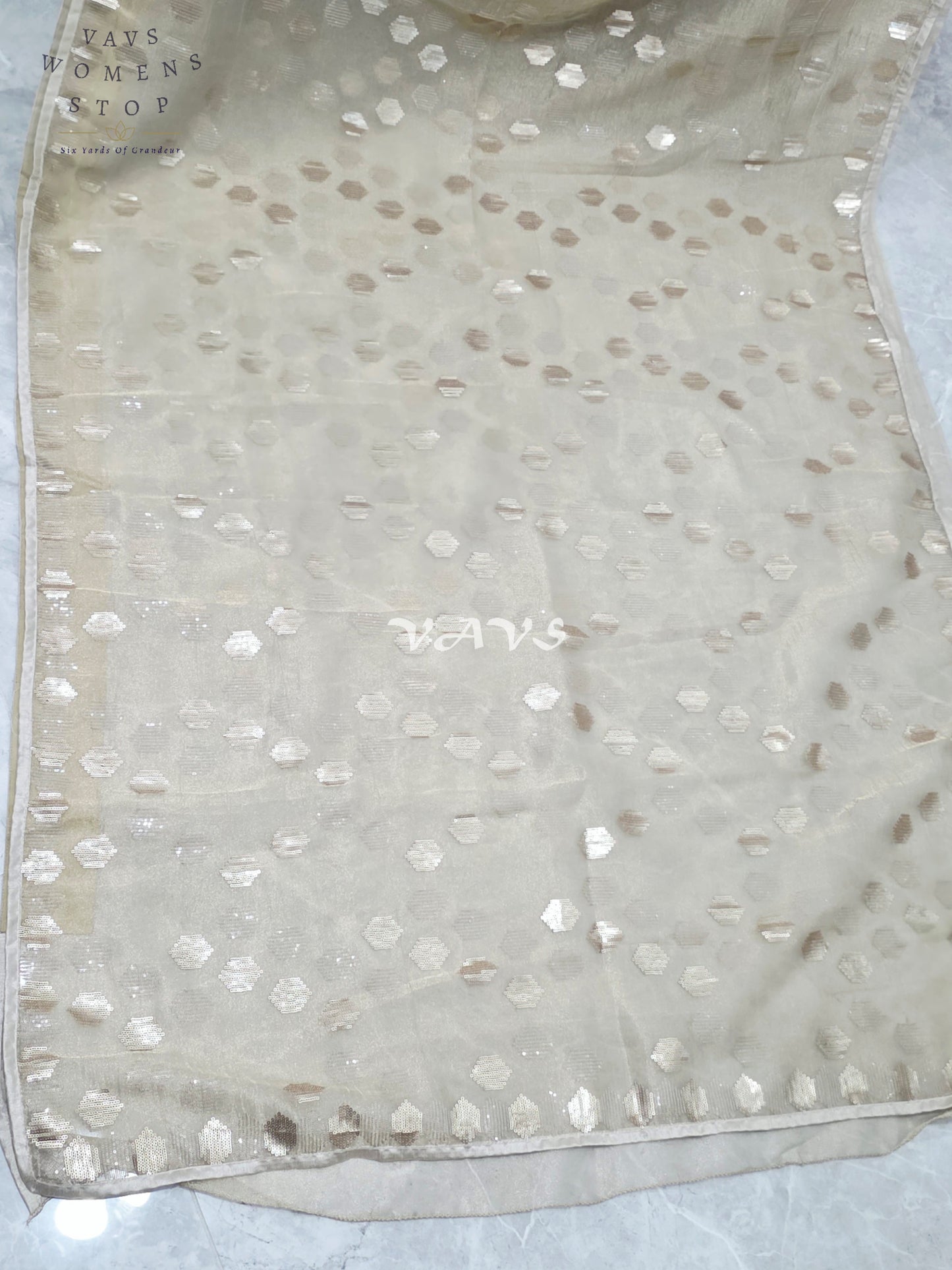 Antique Champagne Gold Premium Tissue Saree with Geometric Motifs & Stitched Blouse Size 36, Extendable to 42