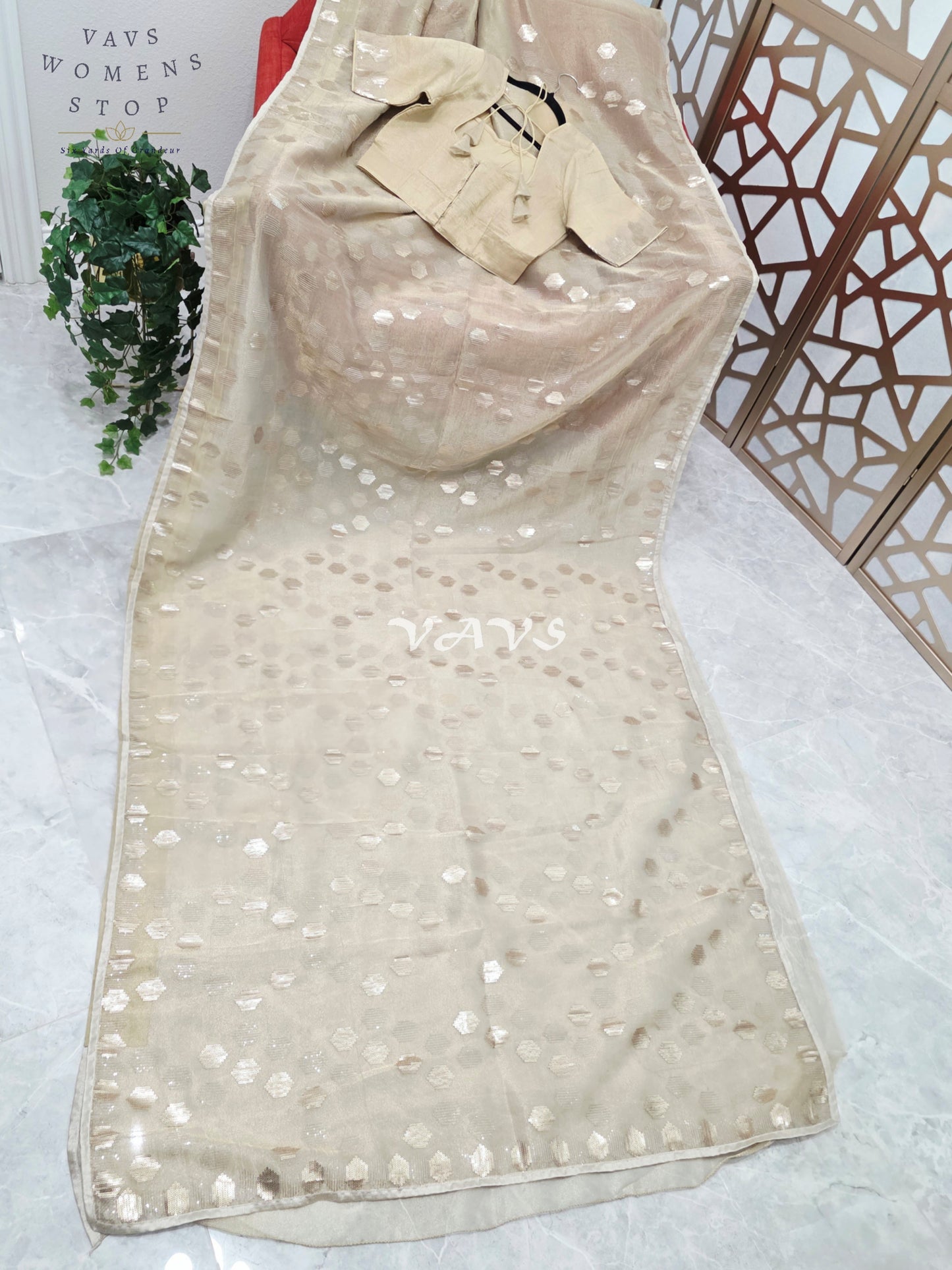 Antique Champagne Gold Premium Tissue Saree with Geometric Motifs & Stitched Blouse Size 36, Extendable to 42