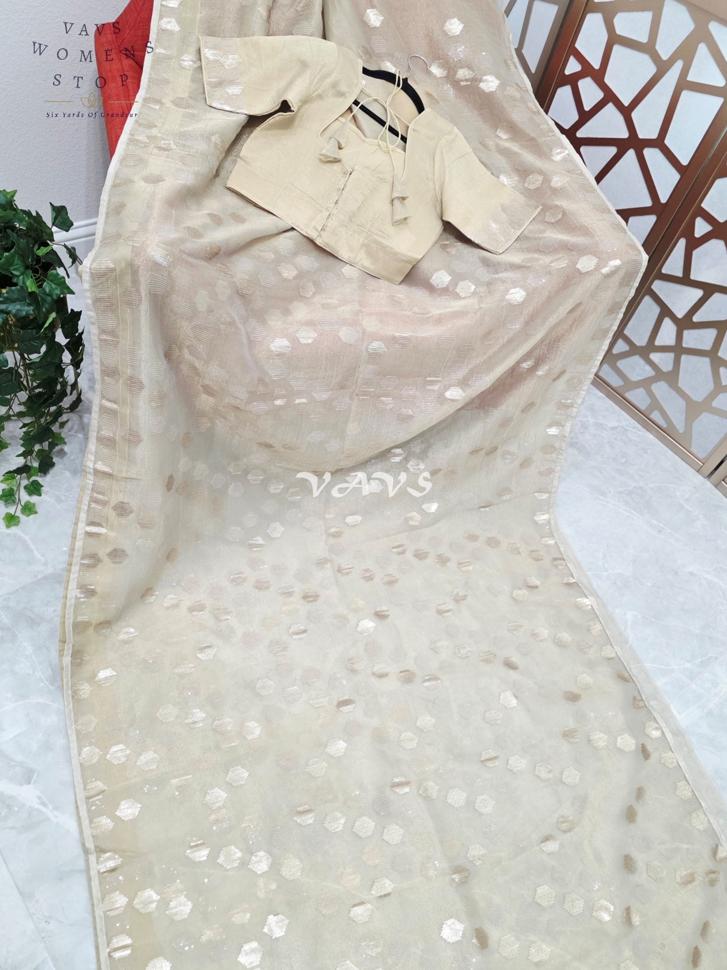 Antique Champagne Gold Premium Tissue Saree with Geometric Motifs & Stitched Blouse Size 36, Extendable to 42