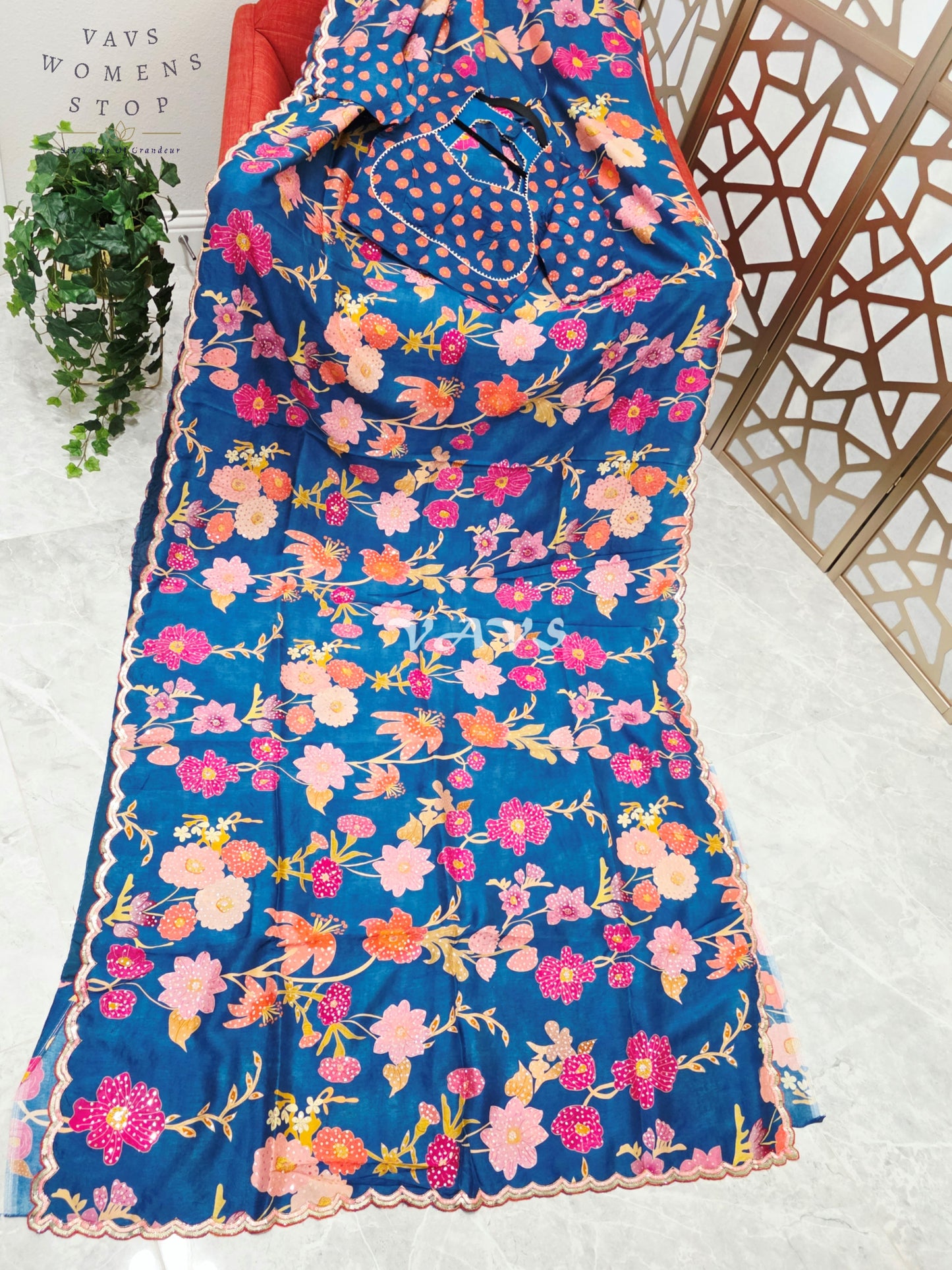 Peacock Blue Floral Russian Crepe Silk Saree with Scalloped Sequin Border & Stitched Blouse Size 34, Extendable to 40