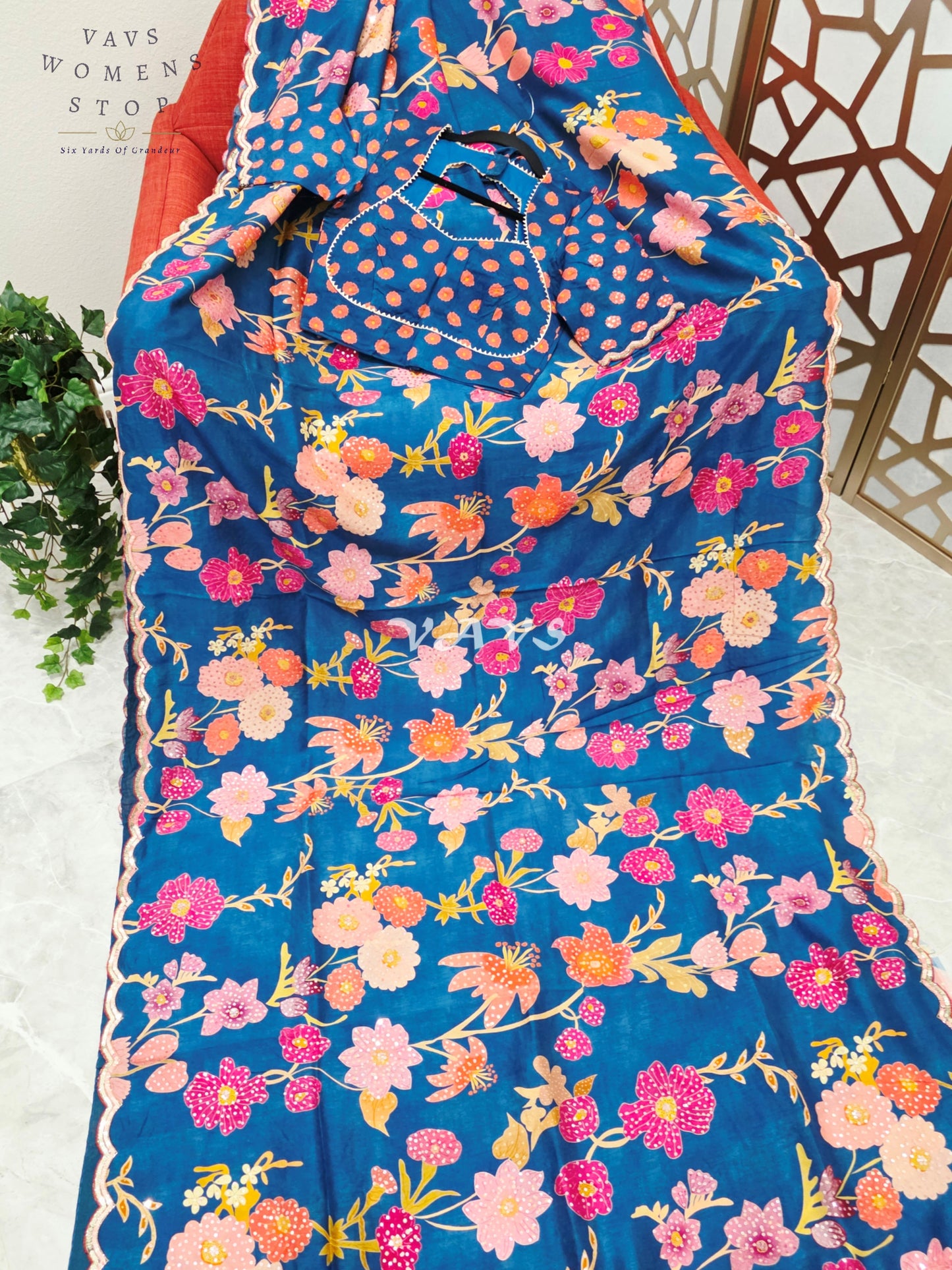 Peacock Blue Floral Russian Crepe Silk Saree with Scalloped Sequin Border & Stitched Blouse Size 34, Extendable to 40