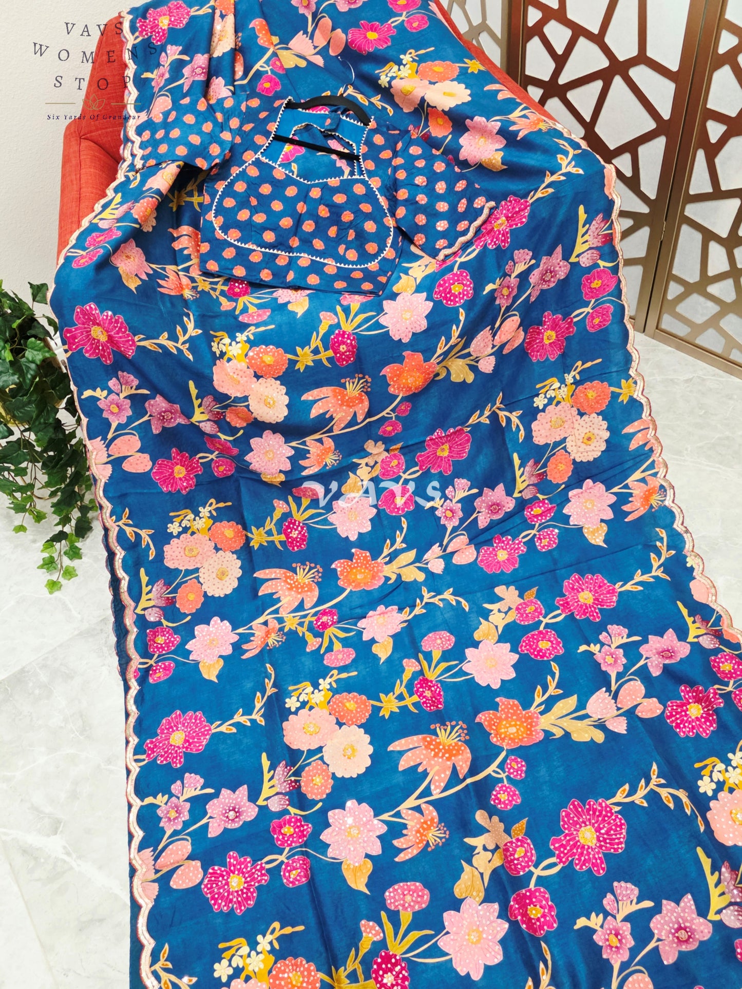 Peacock Blue Floral Russian Crepe Silk Saree with Scalloped Sequin Border & Stitched Blouse Size 34, Extendable to 40