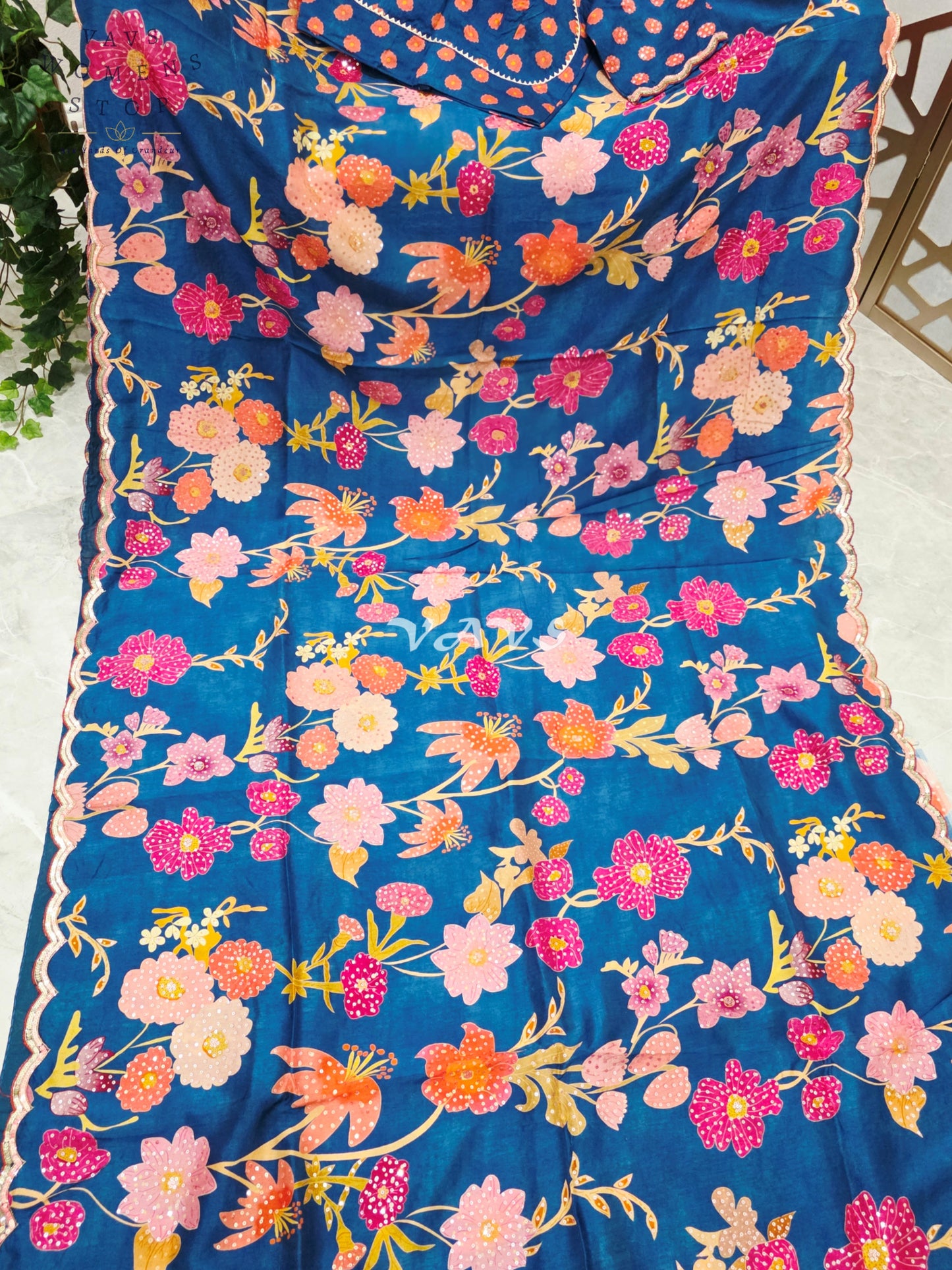 Peacock Blue Floral Russian Crepe Silk Saree with Scalloped Sequin Border & Stitched Blouse Size 34, Extendable to 40