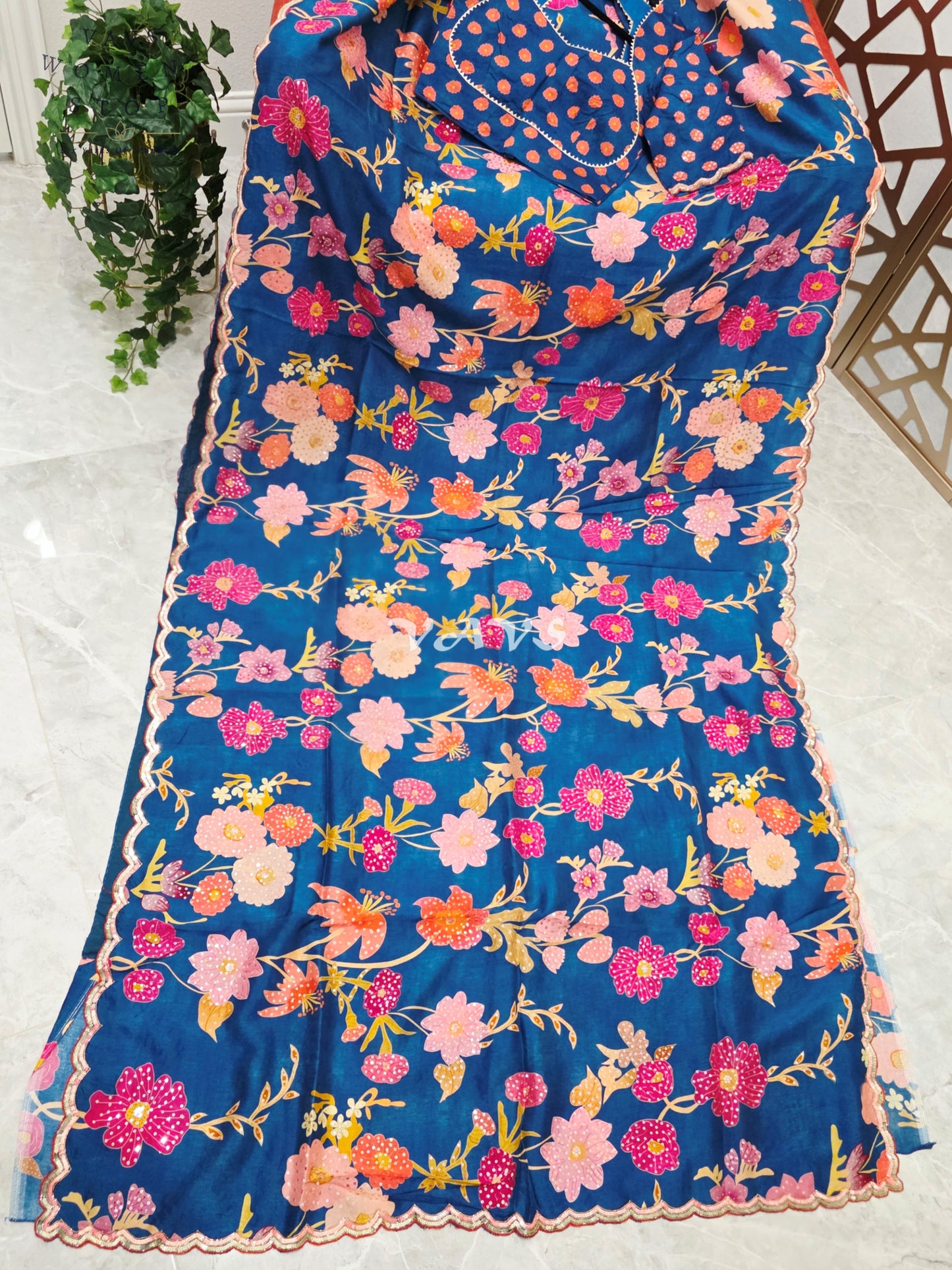 Peacock Blue Floral Russian Crepe Silk Saree with Scalloped Sequin Border & Stitched Blouse Size 34, Extendable to 40