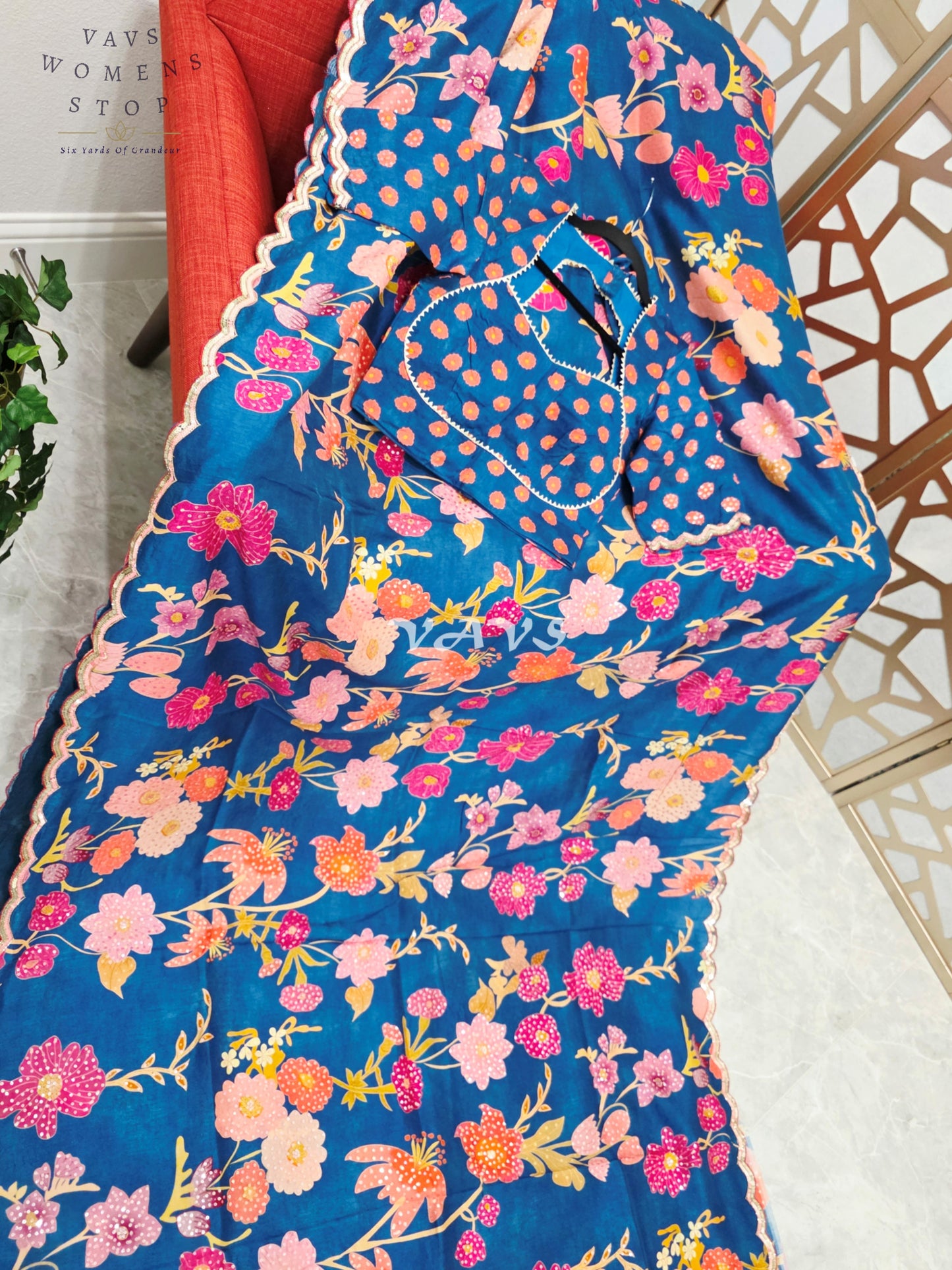 Peacock Blue Floral Russian Crepe Silk Saree with Scalloped Sequin Border & Stitched Blouse Size 34, Extendable to 40
