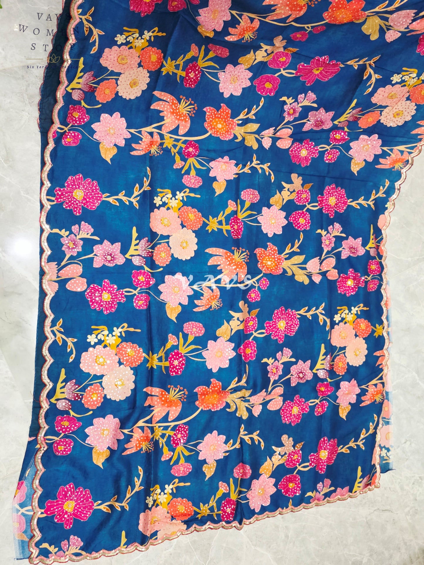 Peacock Blue Floral Russian Crepe Silk Saree with Scalloped Sequin Border & Stitched Blouse Size 34, Extendable to 40