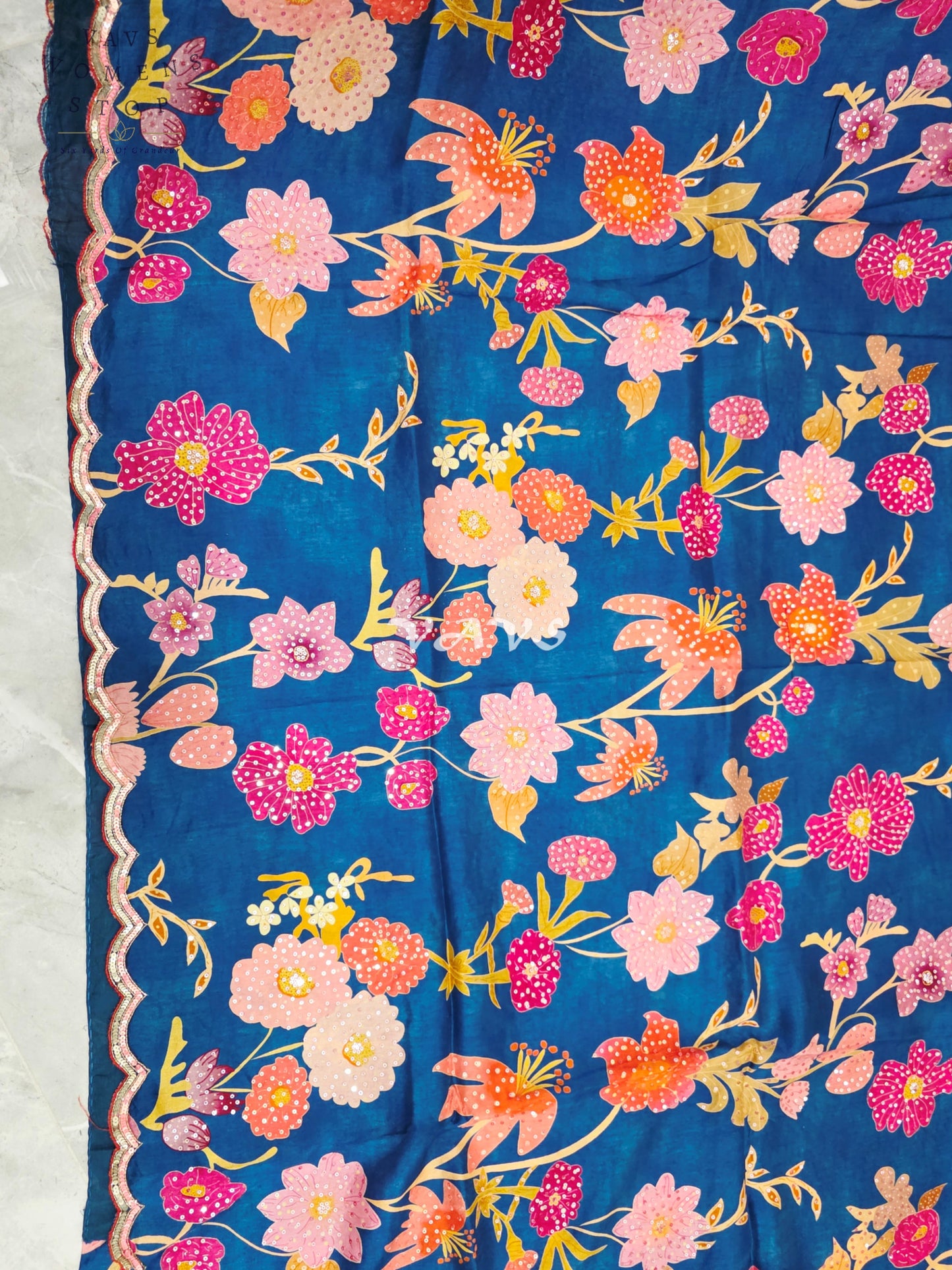 Peacock Blue Floral Russian Crepe Silk Saree with Scalloped Sequin Border & Stitched Blouse Size 34, Extendable to 40