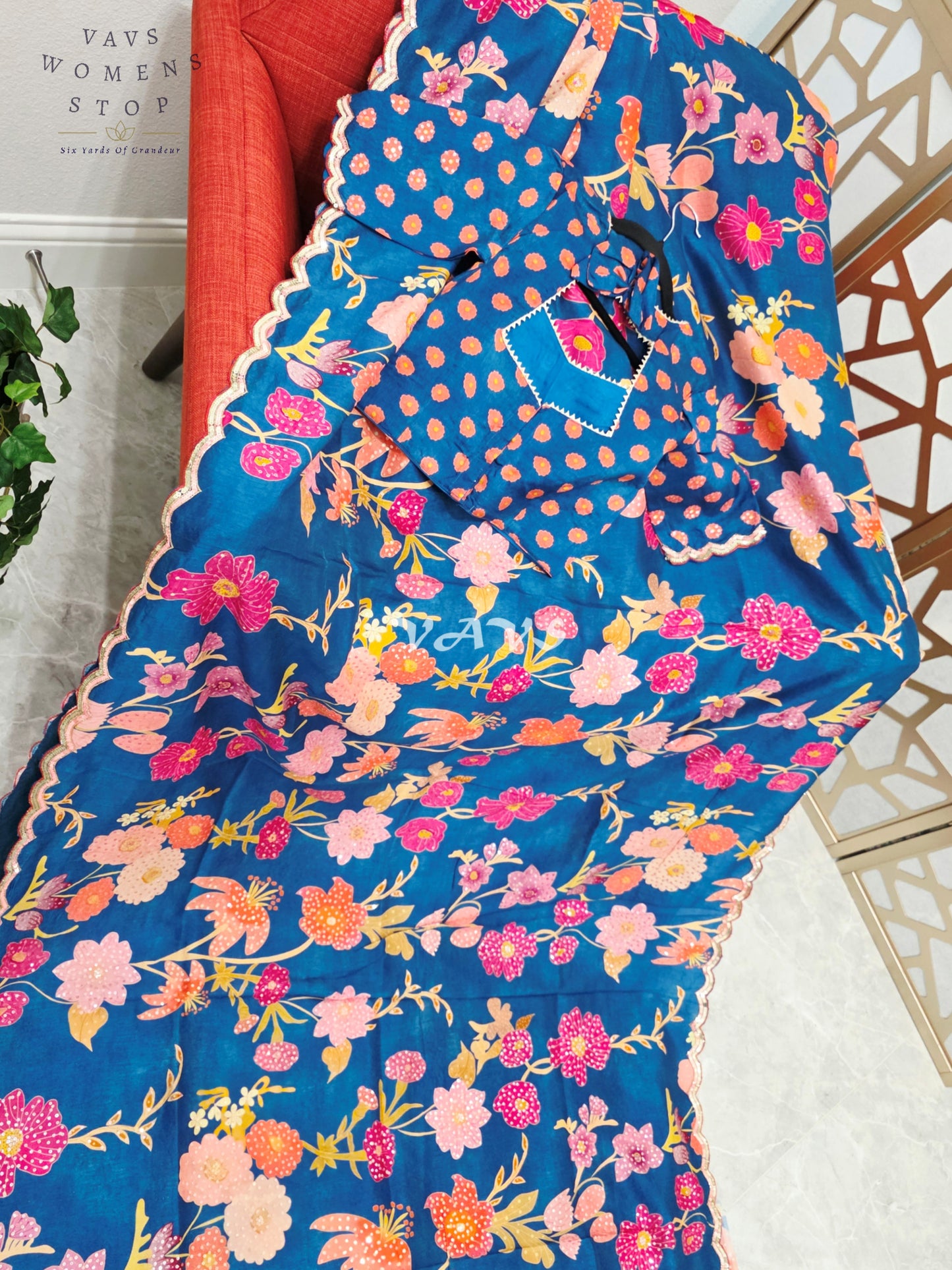 Peacock Blue Floral Russian Crepe Silk Saree with Scalloped Sequin Border & Stitched Blouse Size 34, Extendable to 40