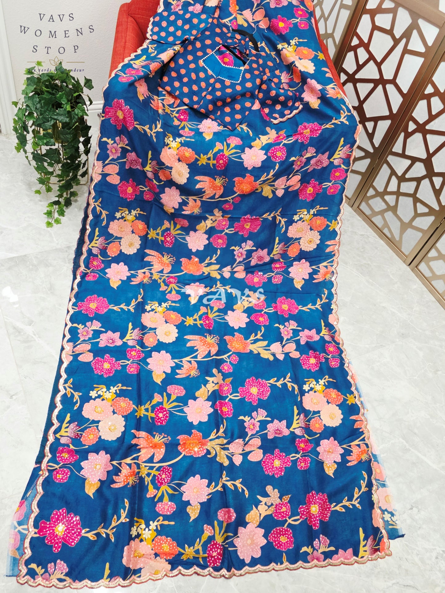 Peacock Blue Floral Russian Crepe Silk Saree with Scalloped Sequin Border & Stitched Blouse Size 34, Extendable to 40