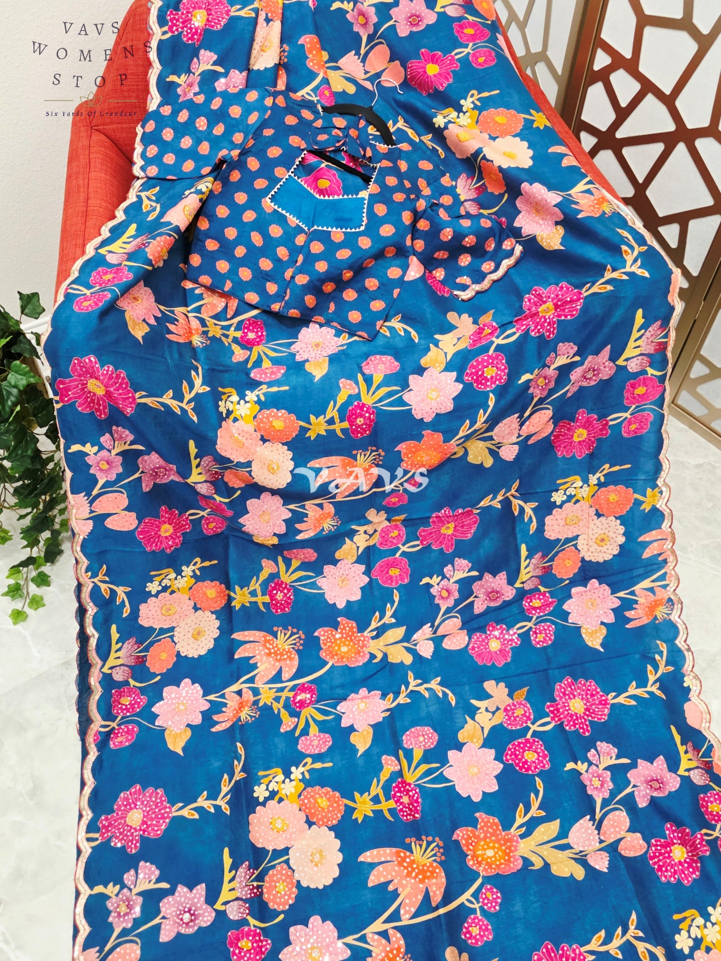 Peacock Blue Floral Russian Crepe Silk Saree with Scalloped Sequin Border & Stitched Blouse Size 34, Extendable to 40