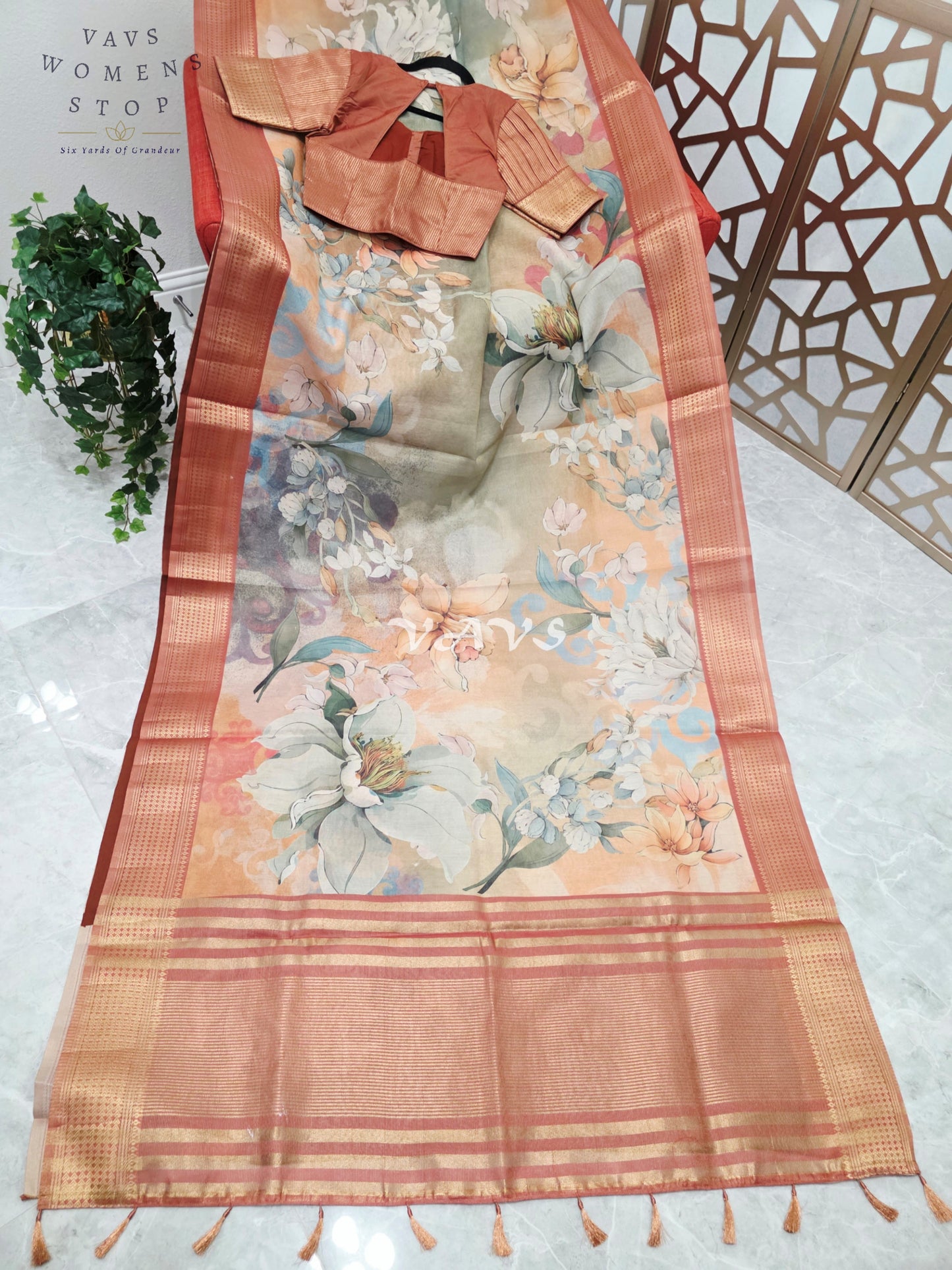 Champagne Peach & Sage Floral Print Soft Tissue Cotton Style Saree with Copper Border & Stepped Puff Blouse Size 34, Extendable to 40