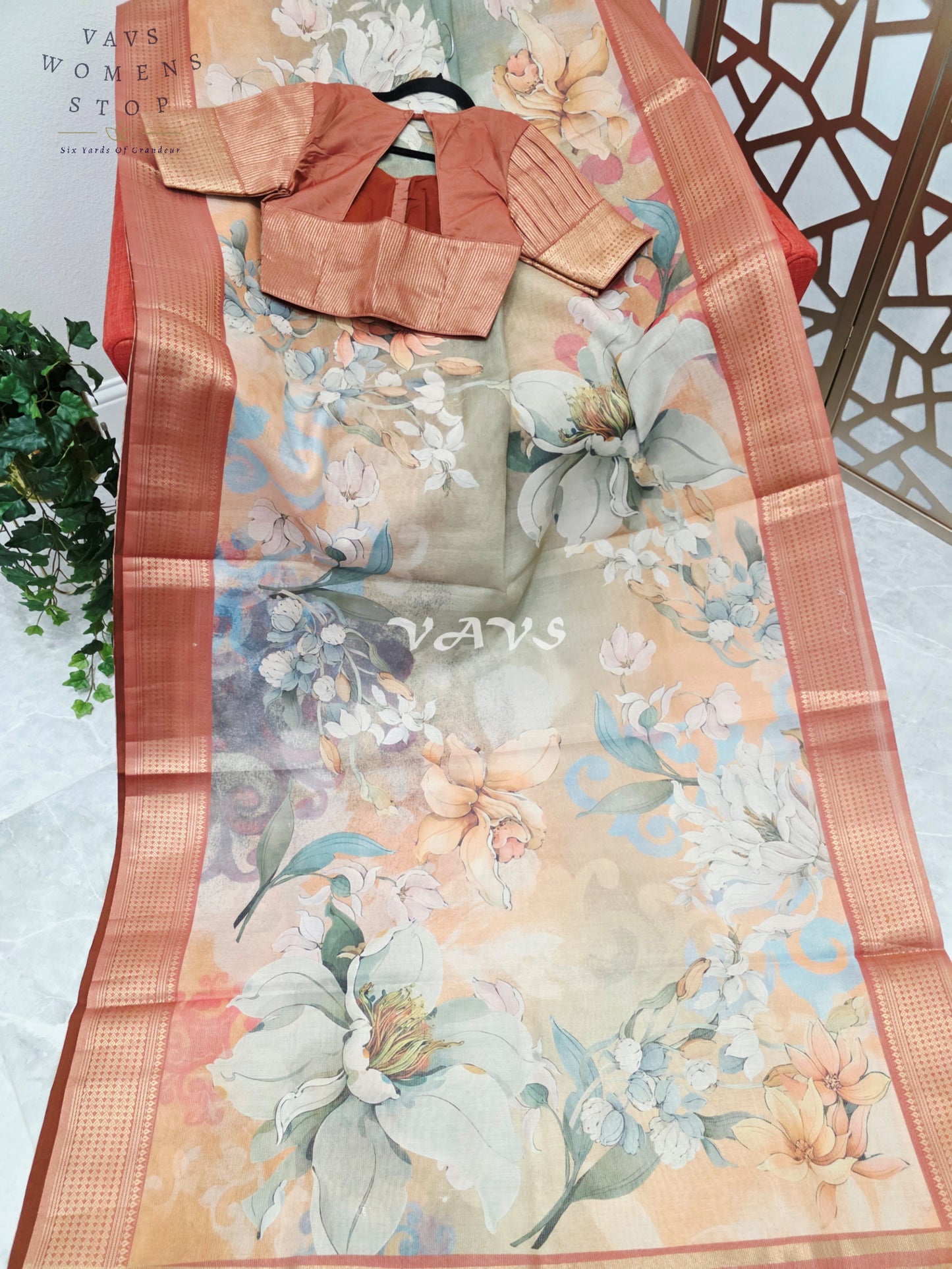 Champagne Peach & Sage Floral Print Soft Tissue Cotton Style Saree with Copper Border & Stepped Puff Blouse Size 34, Extendable to 40