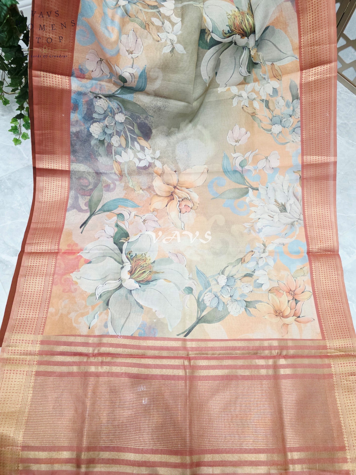 Champagne Peach & Sage Floral Print Soft Tissue Cotton Style Saree with Copper Border & Stepped Puff Blouse Size 34, Extendable to 40