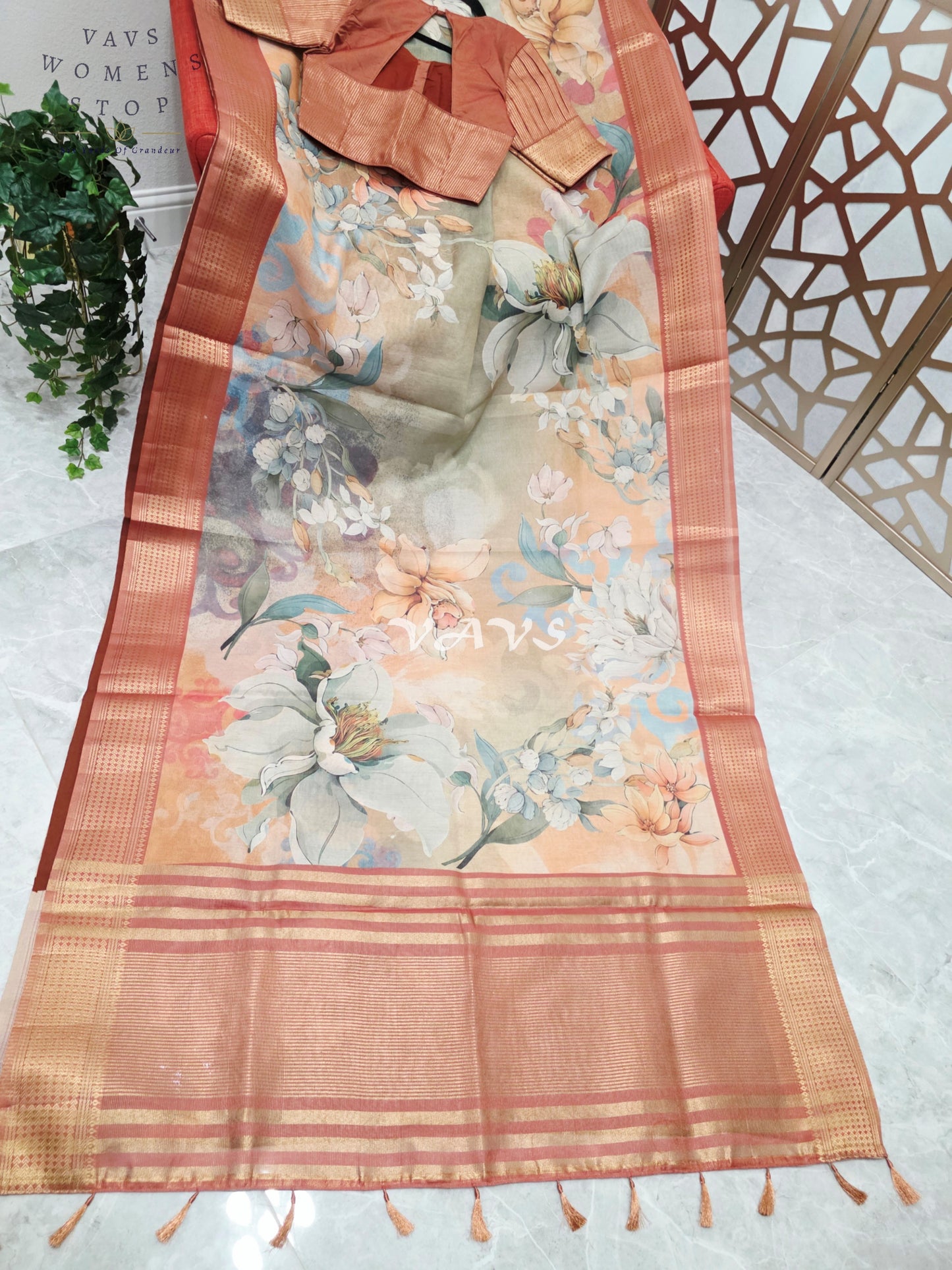 Champagne Peach & Sage Floral Print Soft Tissue Cotton Style Saree with Copper Border & Stepped Puff Blouse Size 34, Extendable to 40