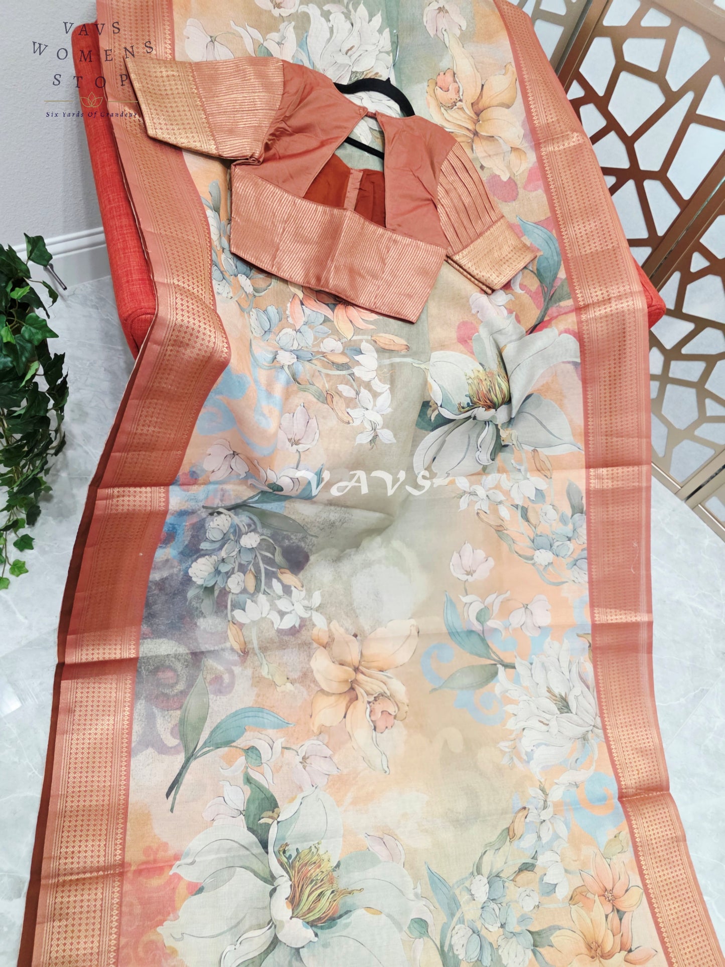 Champagne Peach & Sage Floral Print Soft Tissue Cotton Style Saree with Copper Border & Stepped Puff Blouse Size 34, Extendable to 40
