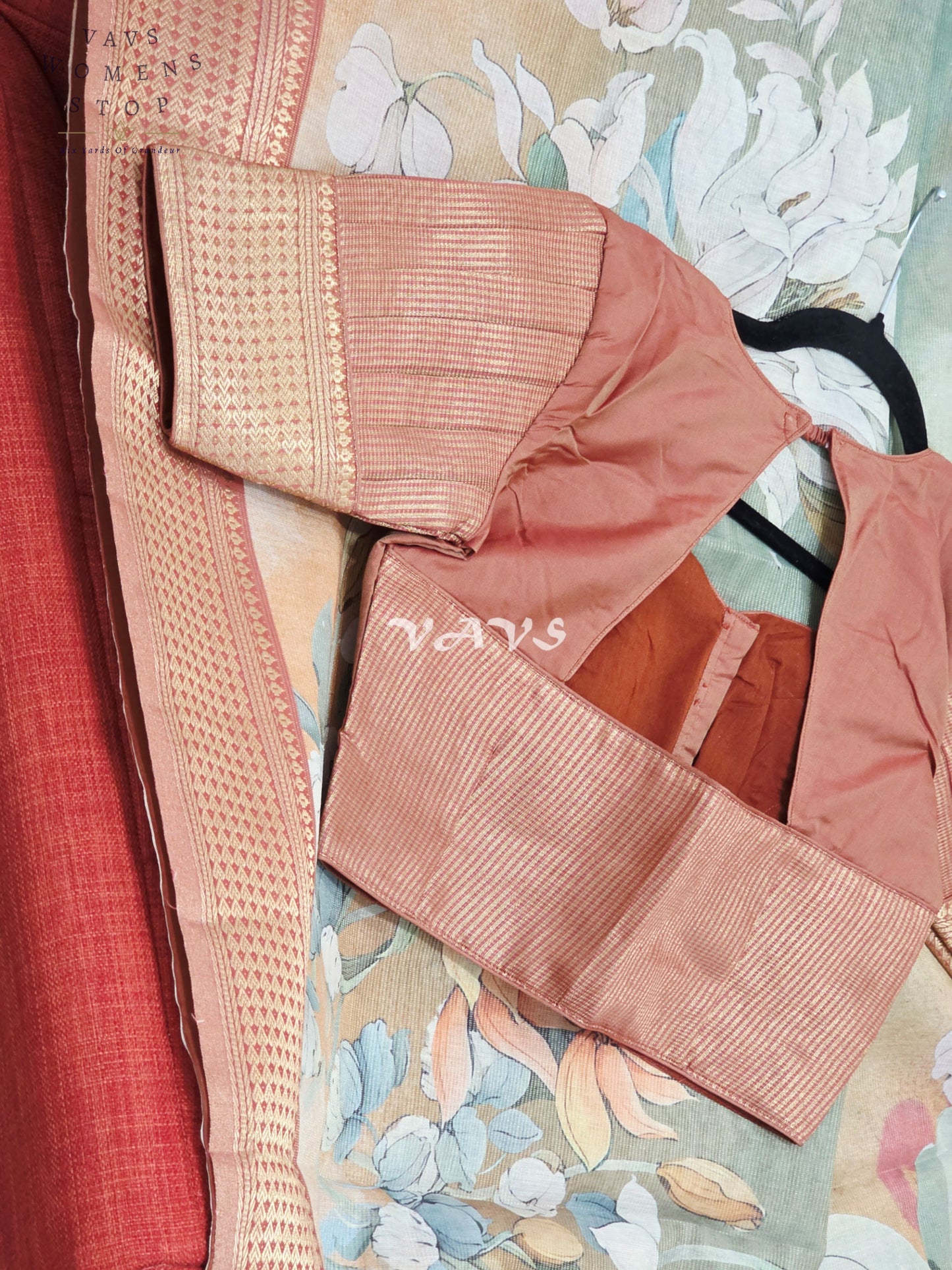 Champagne Peach & Sage Floral Print Soft Tissue Cotton Style Saree with Copper Border & Stepped Puff Blouse Size 34, Extendable to 40
