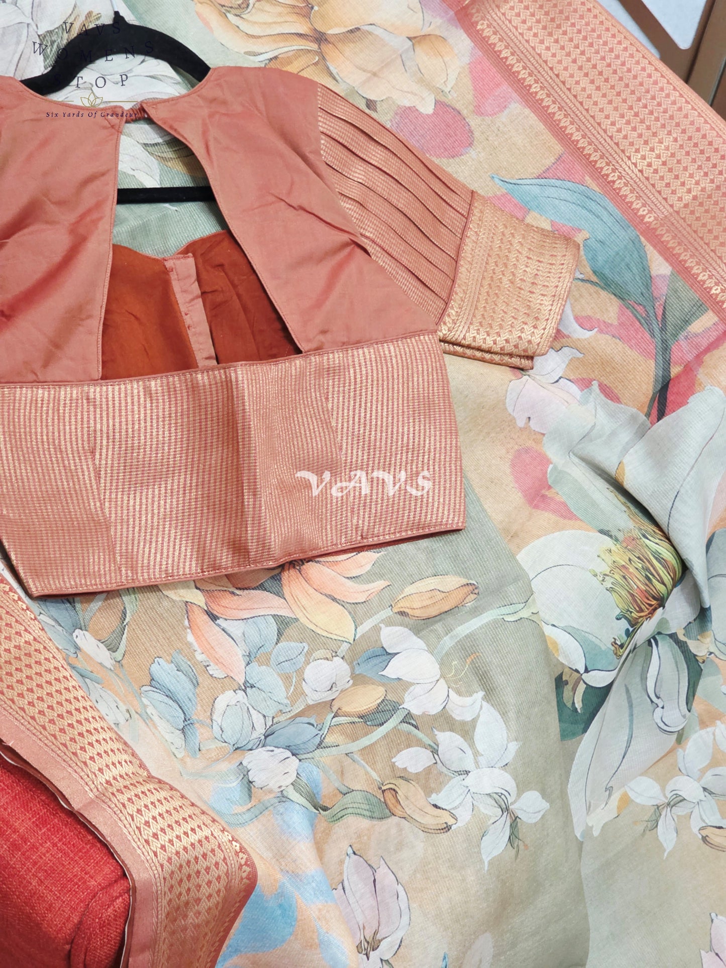 Champagne Peach & Sage Floral Print Soft Tissue Cotton Style Saree with Copper Border & Stepped Puff Blouse Size 34, Extendable to 40