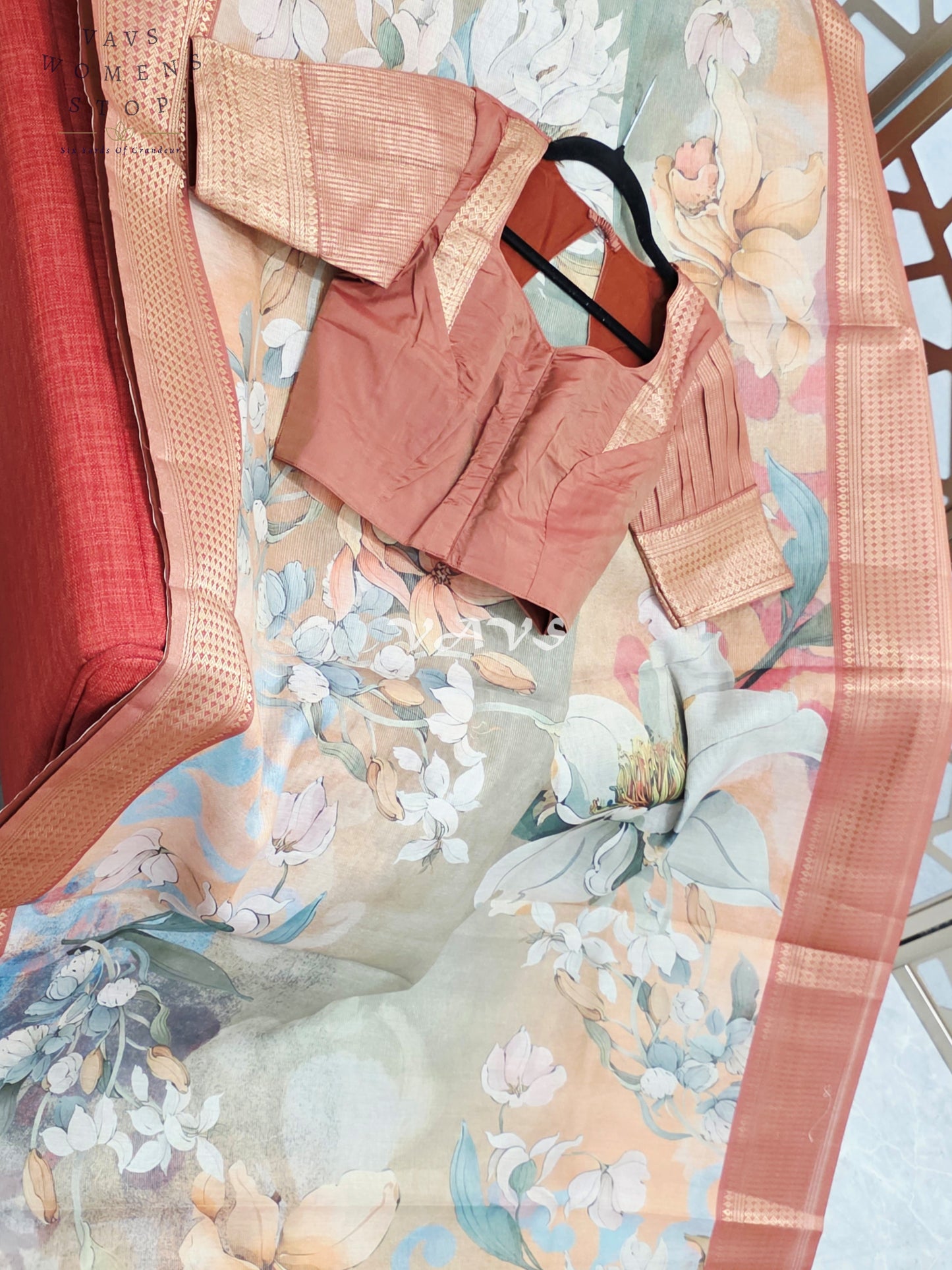 Champagne Peach & Sage Floral Print Soft Tissue Cotton Style Saree with Copper Border & Stepped Puff Blouse Size 34, Extendable to 40
