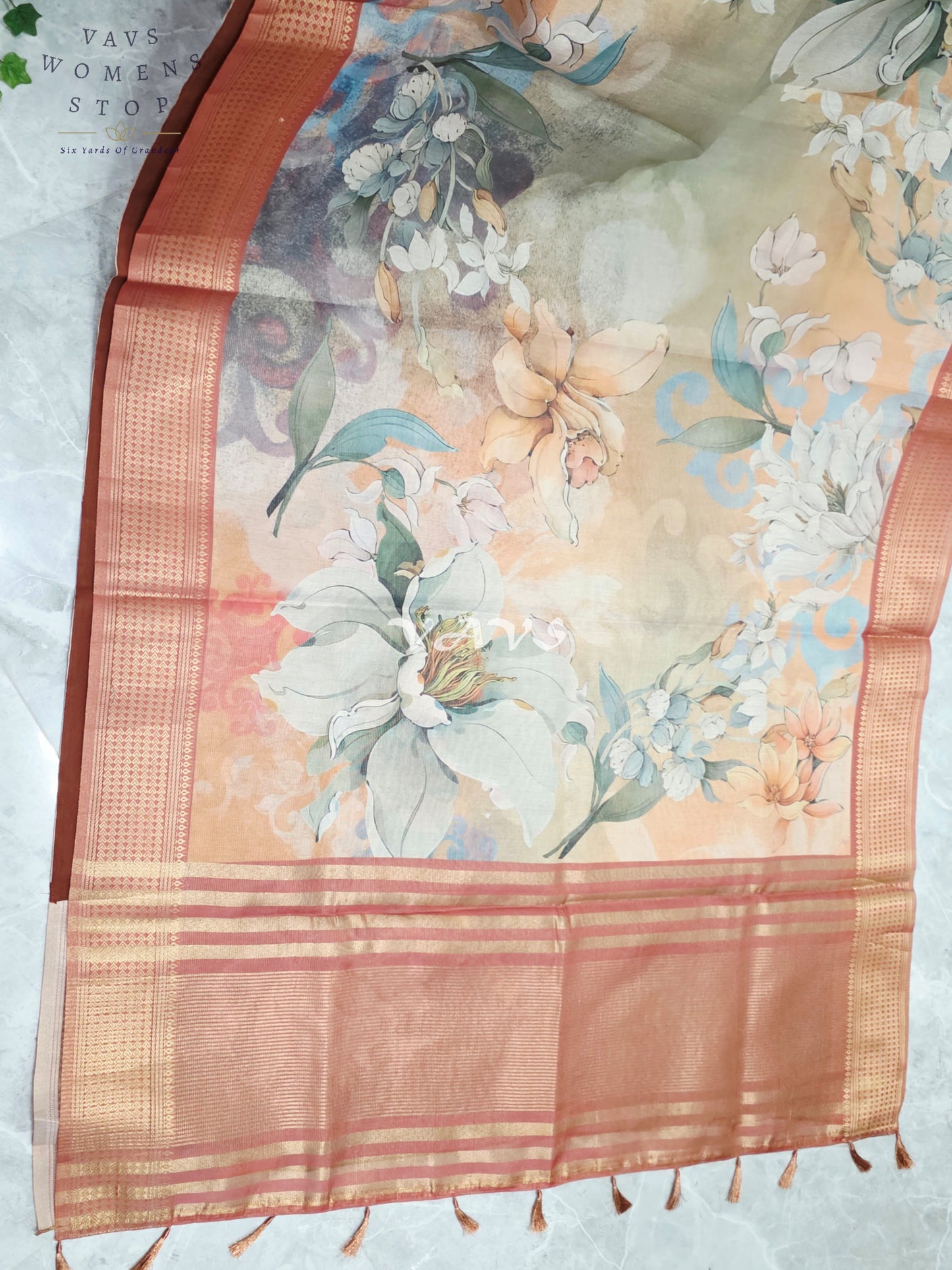 Champagne Peach & Sage Floral Print Soft Tissue Cotton Style Saree with Copper Border & Stepped Puff Blouse Size 34, Extendable to 40