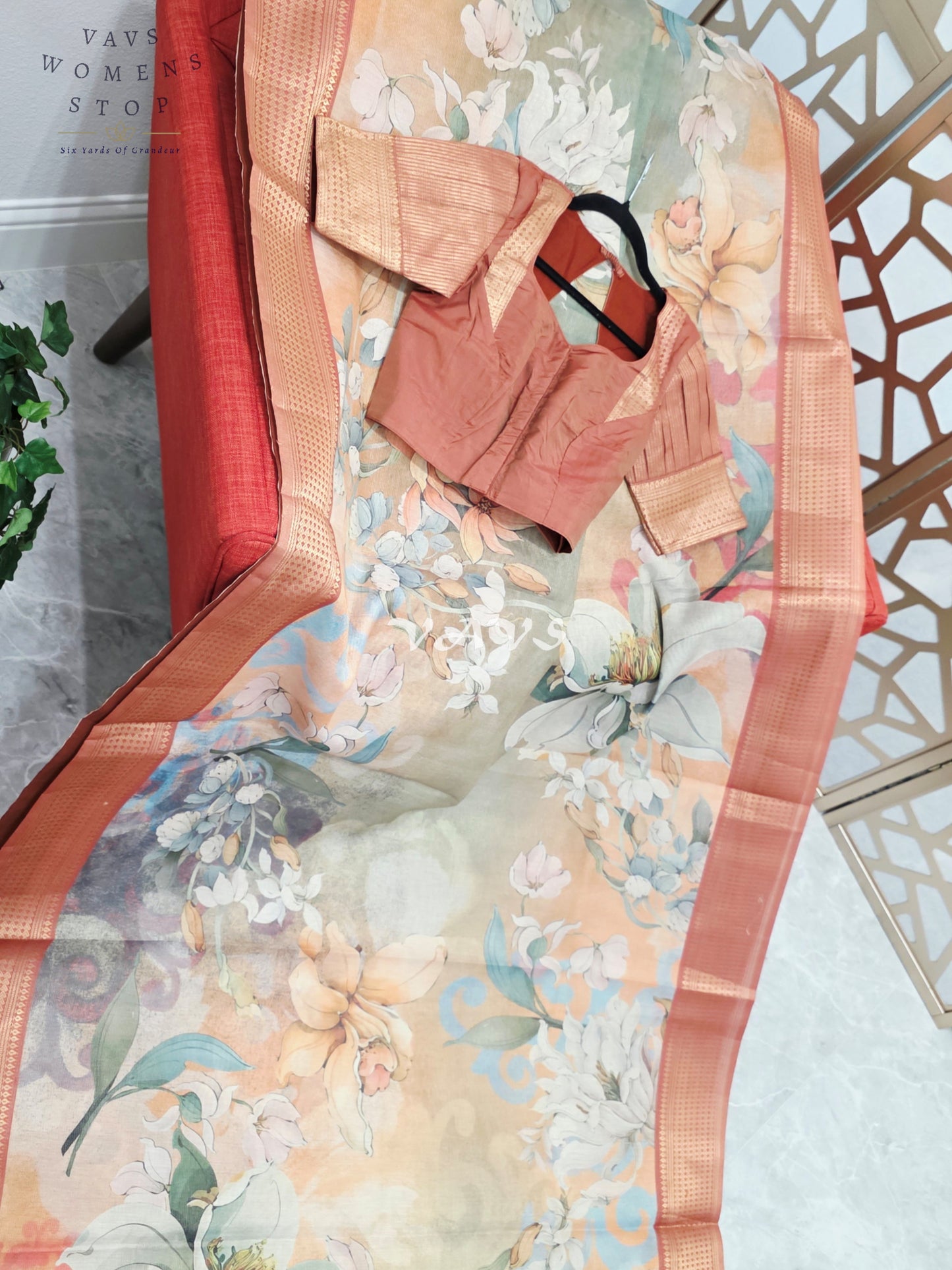 Champagne Peach & Sage Floral Print Soft Tissue Cotton Style Saree with Copper Border & Stepped Puff Blouse Size 34, Extendable to 40